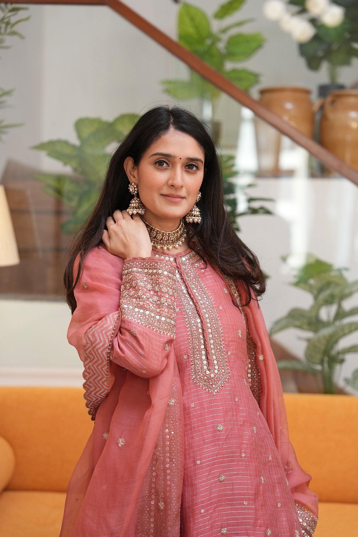 Hand Embroidered Honeysuckle Pink Pure Katan Silk Long Kurta Sharara Set