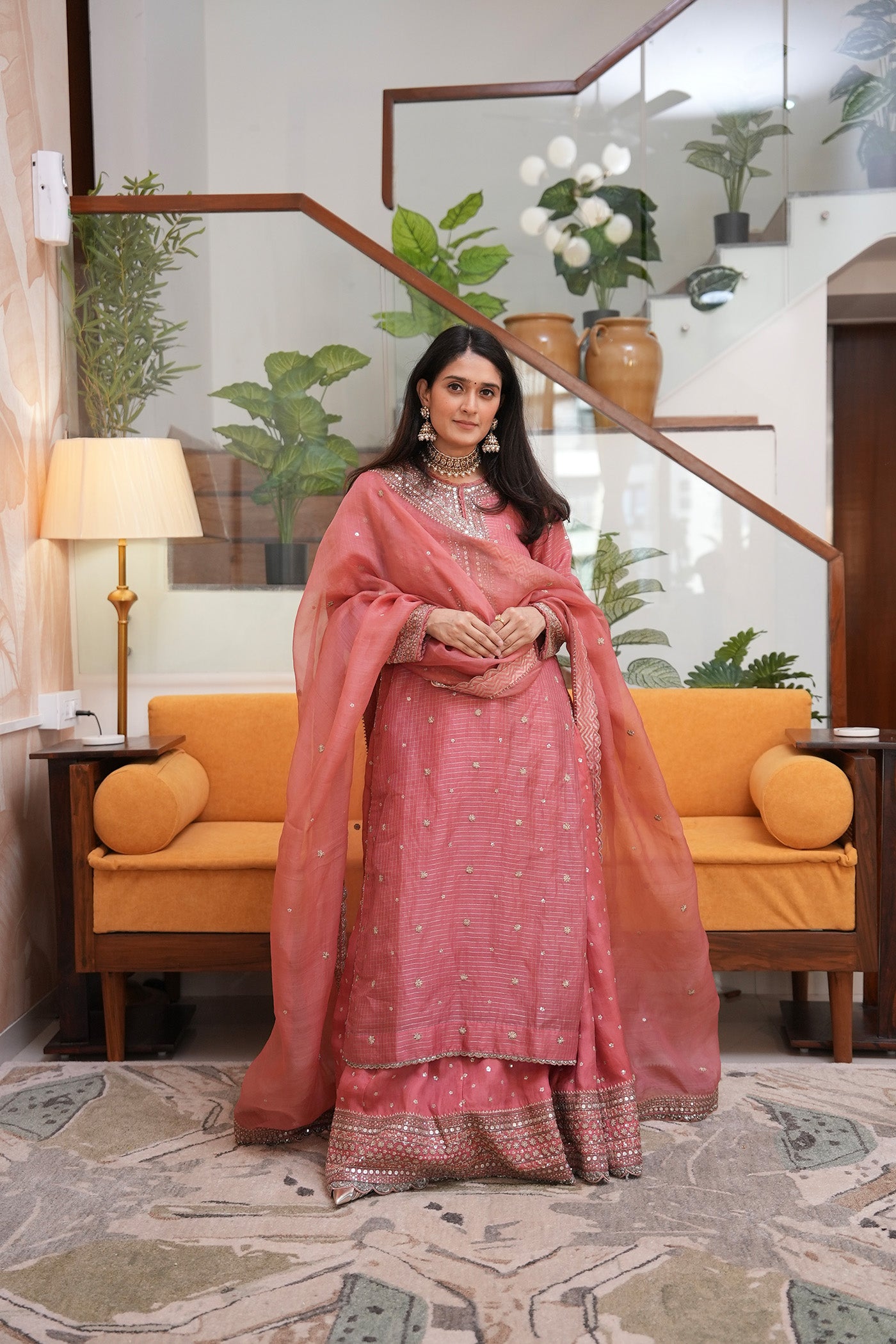 Hand Embroidered Honeysuckle Pink Pure Katan Silk Long Kurta Sharara Set