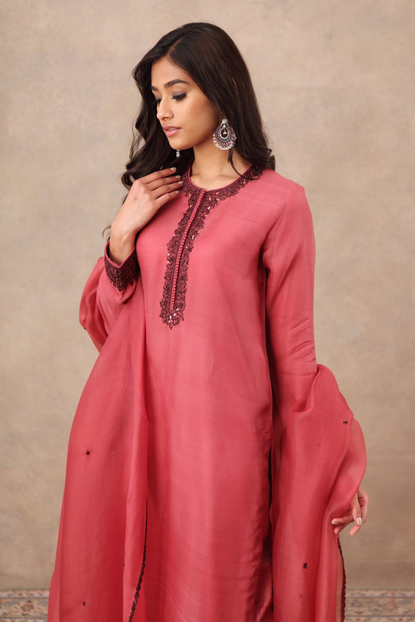 Hand Embroidered Garnet Rose Pure Katan Silk Kurta Pants Set