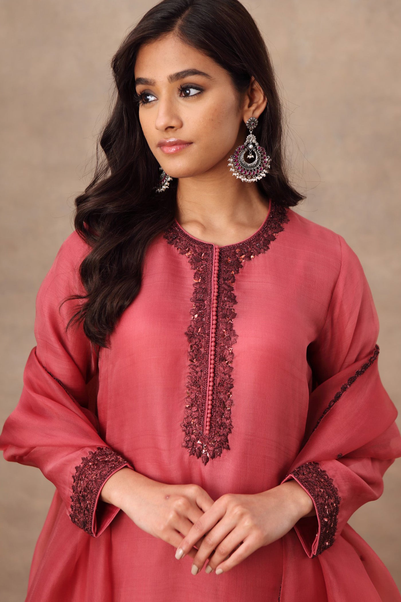 Hand Embroidered Garnet Rose Pure Katan Silk Kurta Pants Set