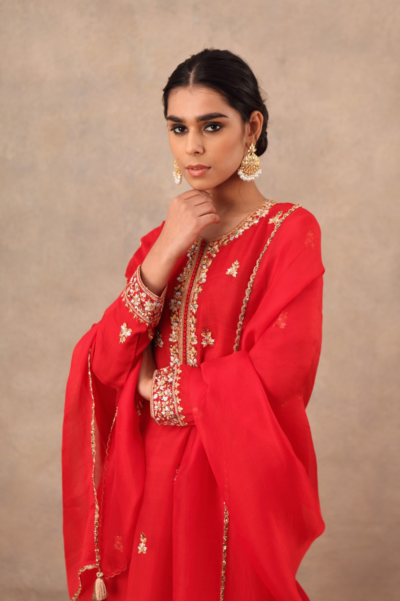 Hand Embroidered Bridal Red Pure Katan Silk Kurta Sharara Set