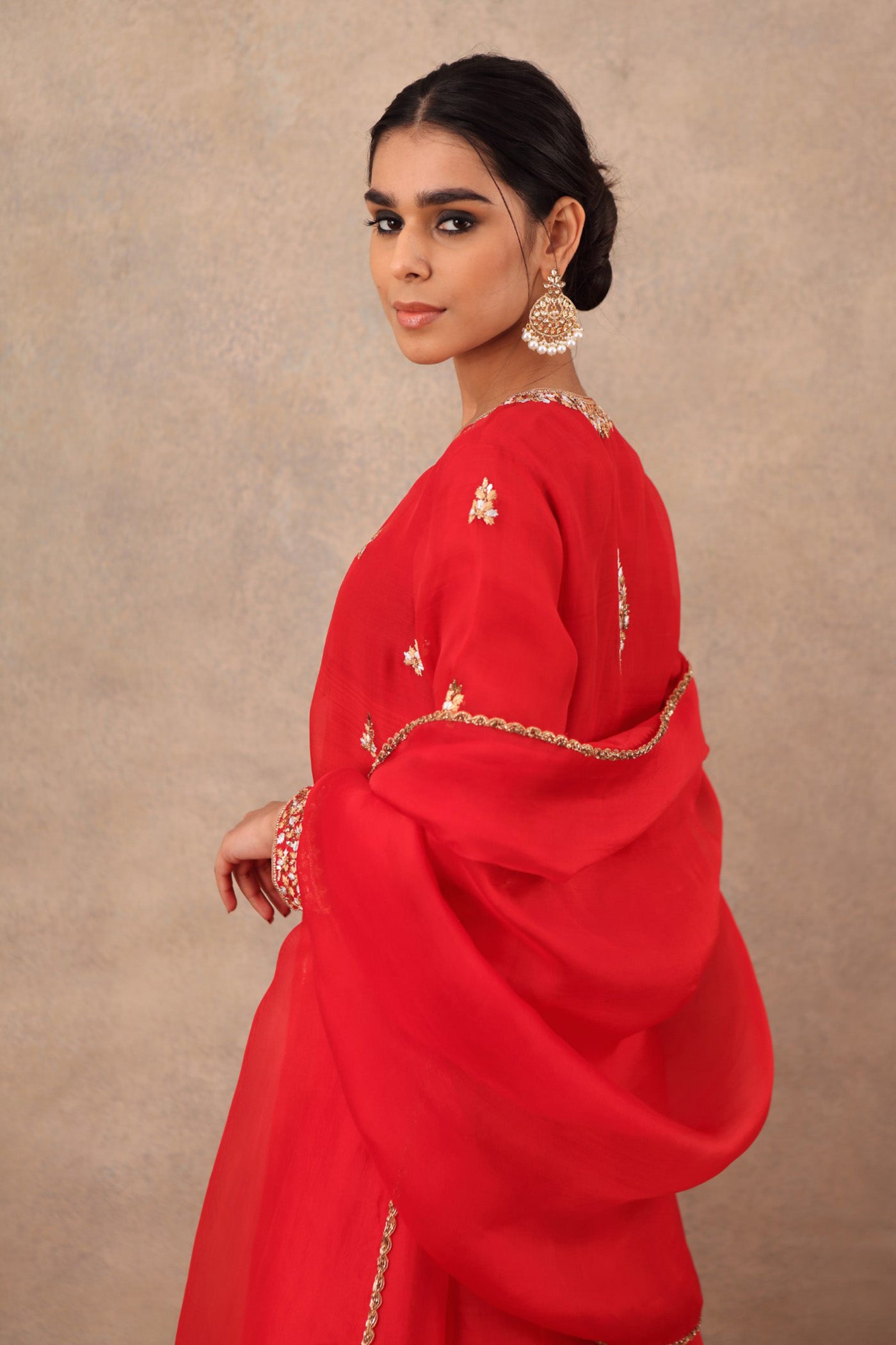 Hand Embroidered Bridal Red Pure Katan Silk Kurta Sharara Set