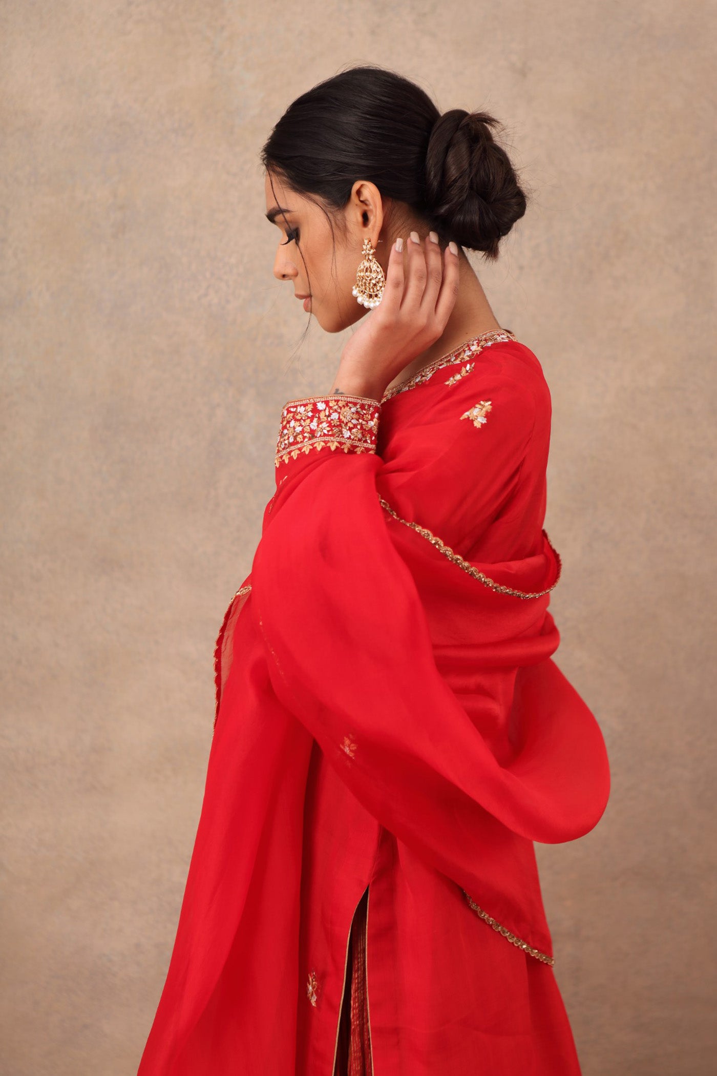 Hand Embroidered Bridal Red Pure Katan Silk Kurta Sharara Set