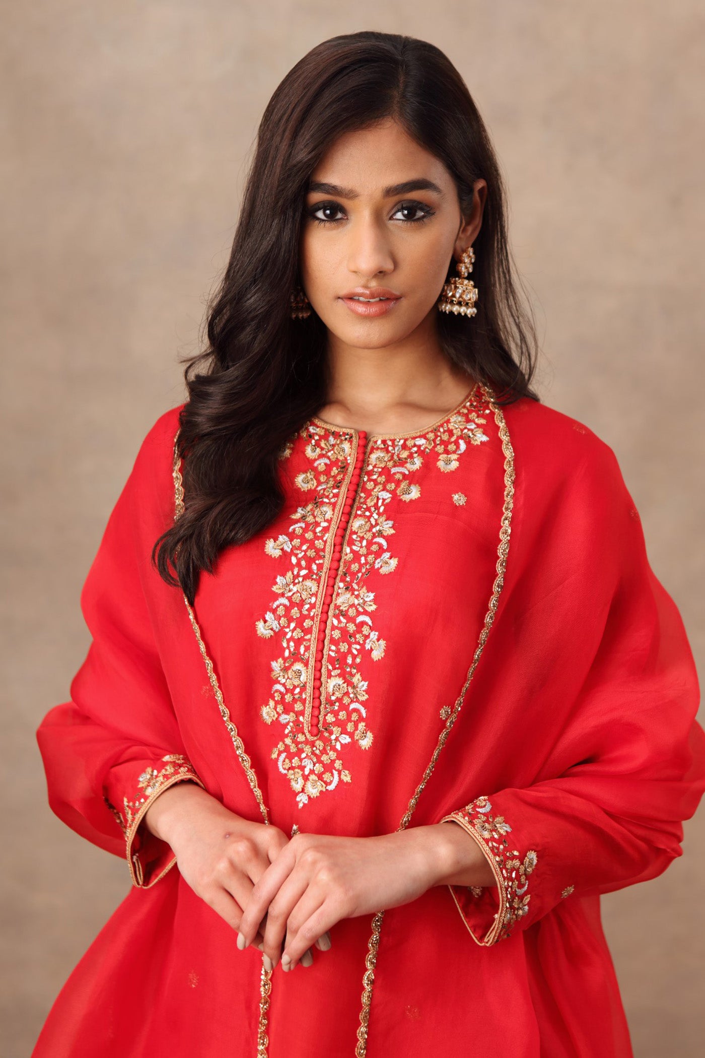 Hand Embroidered Bridal Red Pure Katan Silk Kurta Churidaar Set