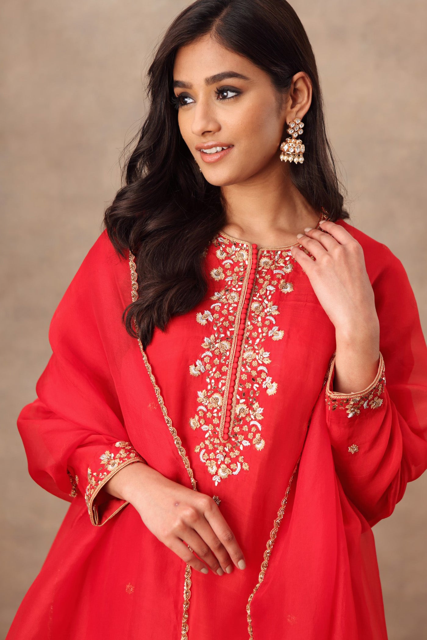 Hand Embroidered Bridal Red Pure Katan Silk Kurta Churidaar Set