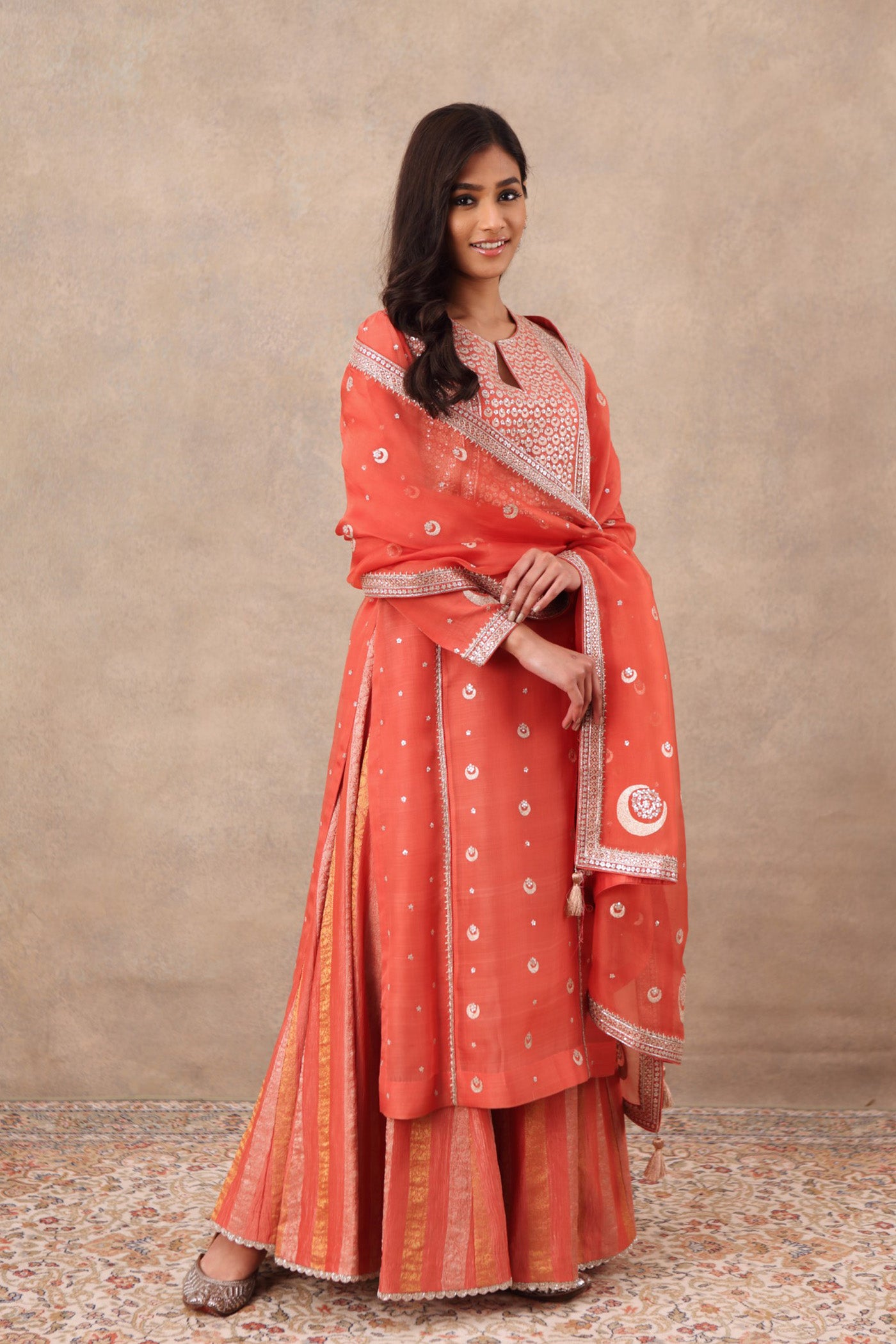 Hand Embroidered Burnt Coral Pure Katan Silk Kurta Sharara Set