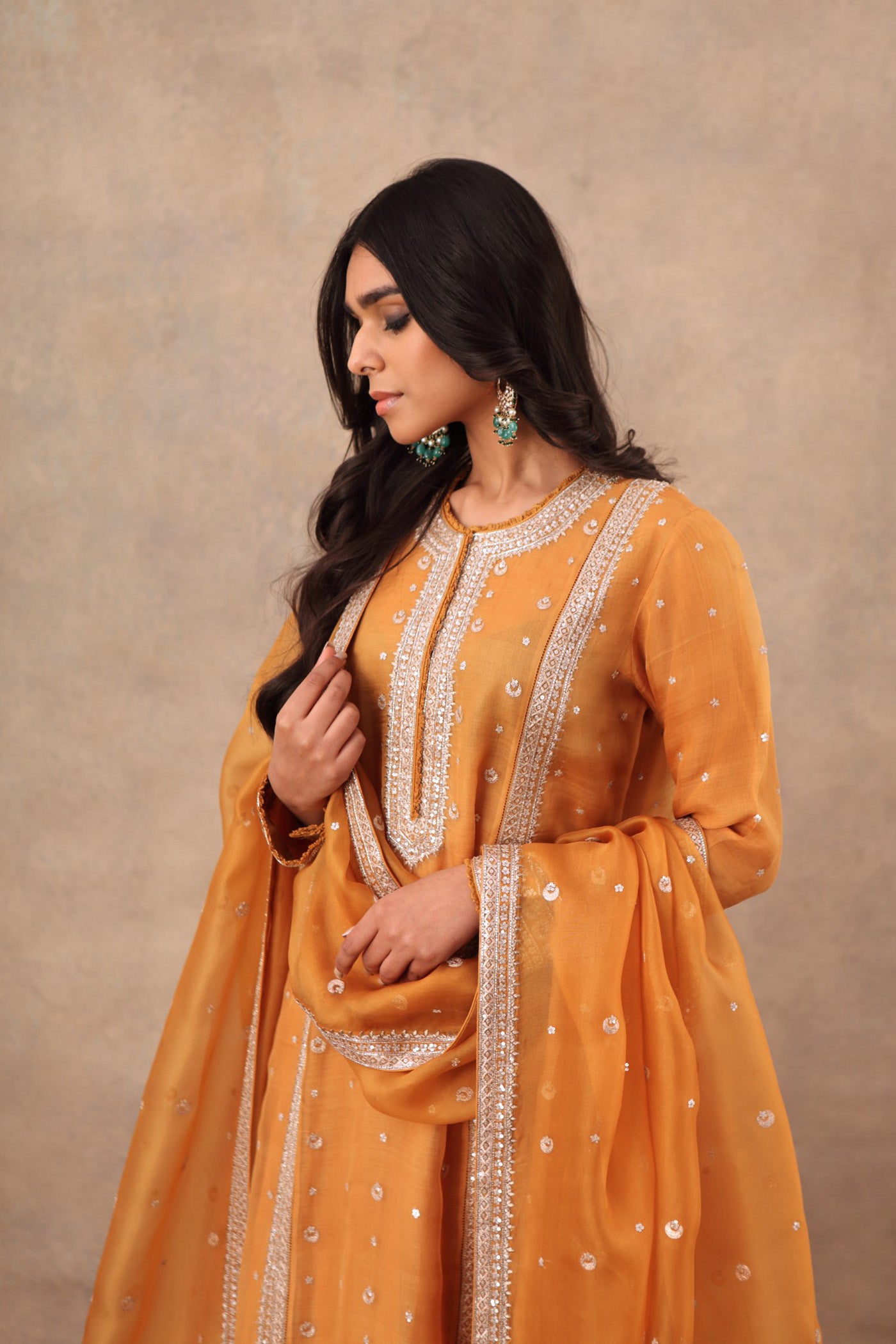 Hand Embroidered Mustard Yellow Pure Katan Silk Kurta Sharara Set