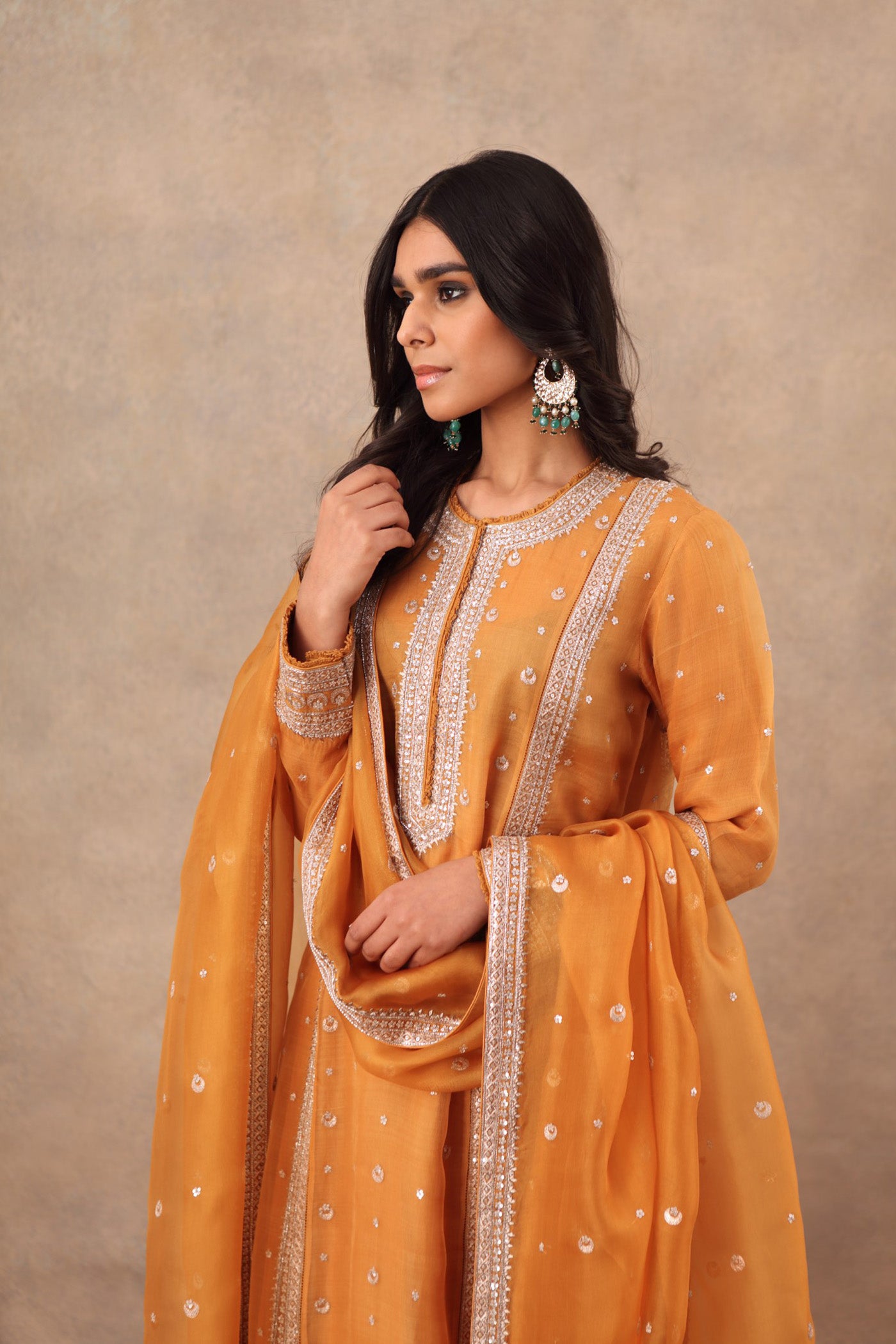 Hand Embroidered Mustard Yellow Pure Katan Silk Kurta Sharara Set