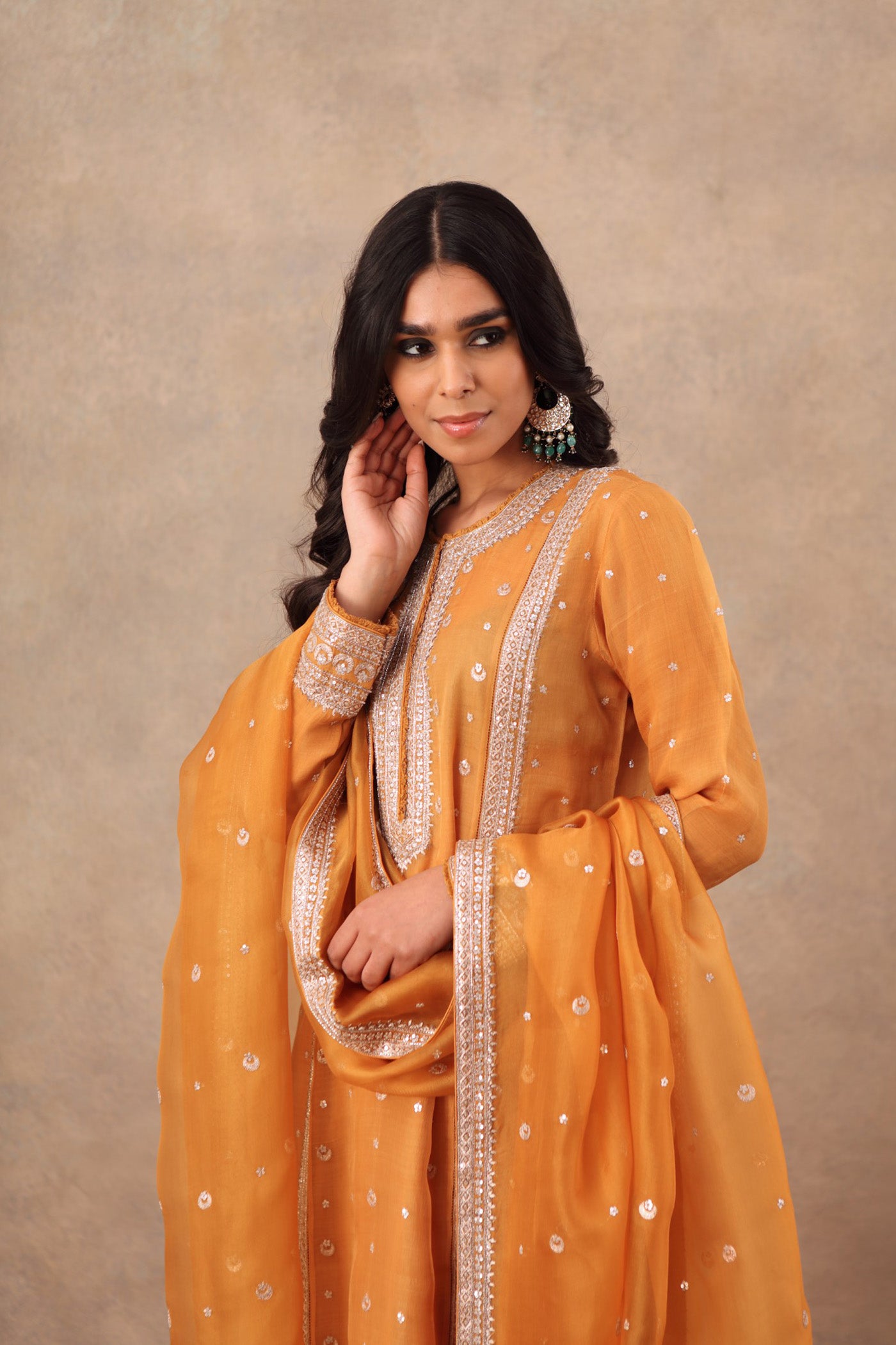 Hand Embroidered Mustard Yellow Pure Katan Silk Kurta Sharara Set