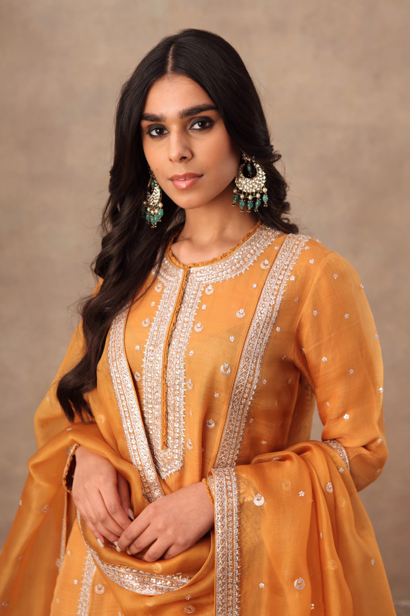 Hand Embroidered Mustard Yellow Pure Katan Silk Kurta Sharara Set