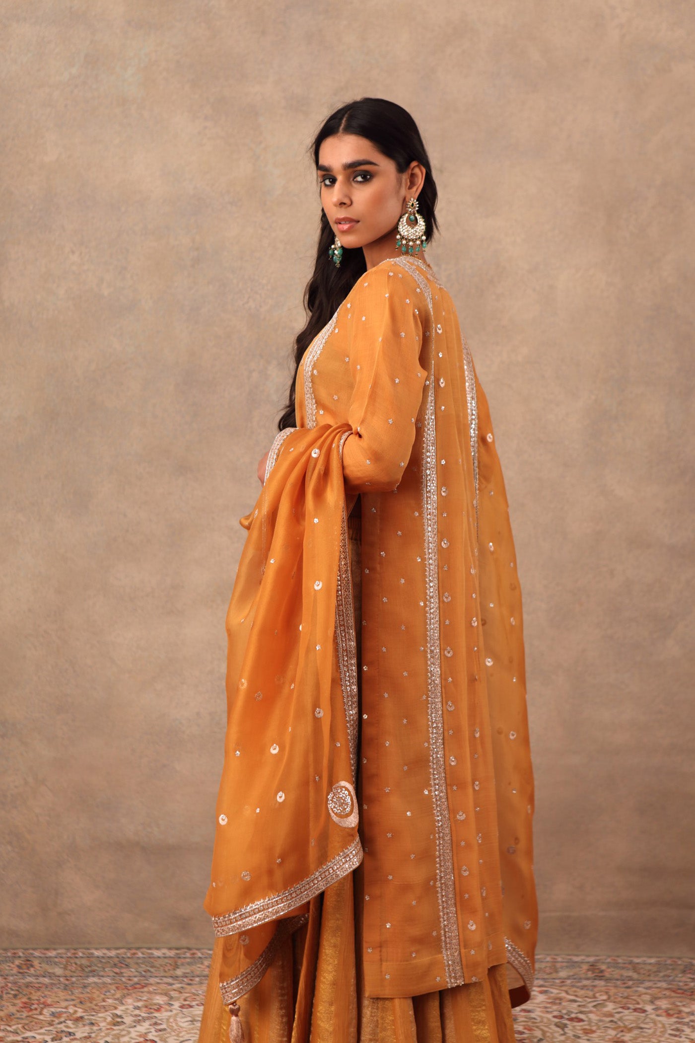 Hand Embroidered Mustard Yellow Pure Katan Silk Kurta Sharara Set