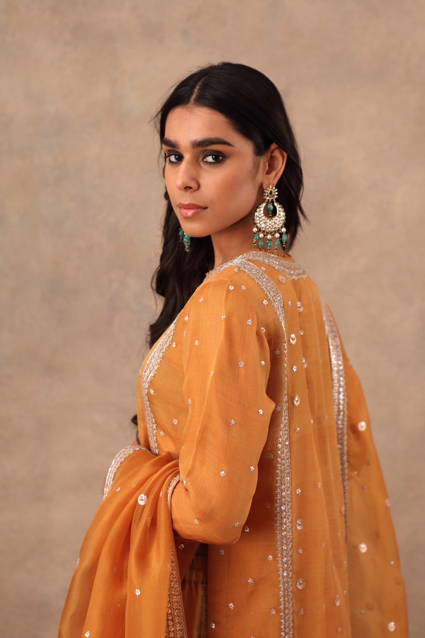 Hand Embroidered Mustard Yellow Pure Katan Silk Kurta Sharara Set