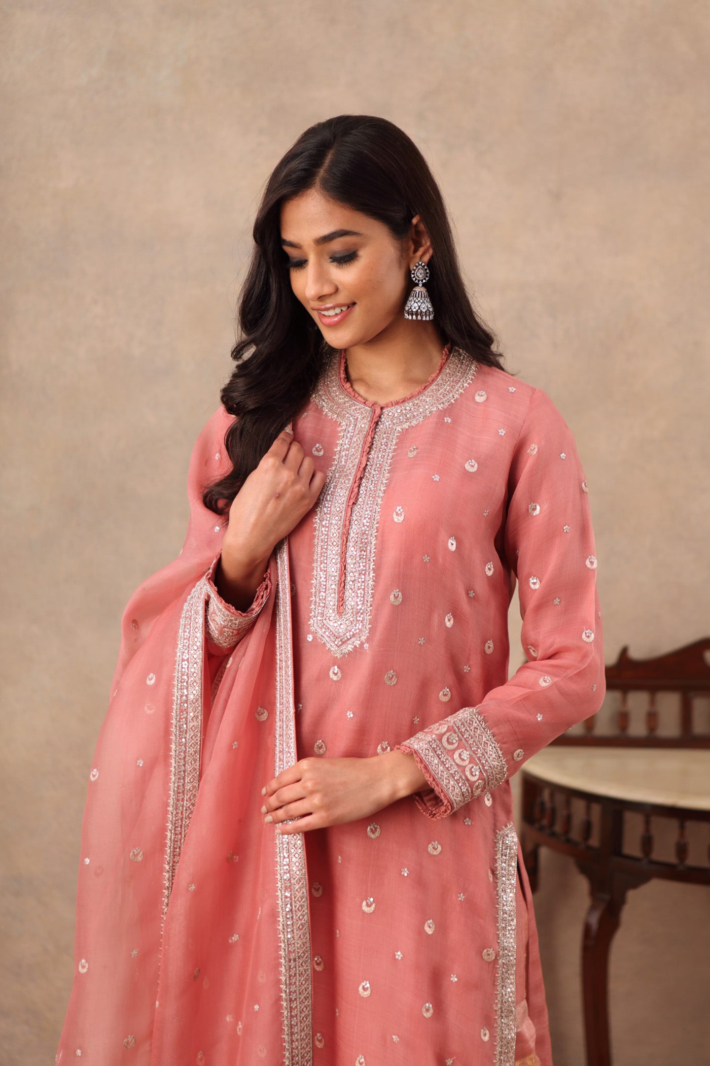 Hand Embroidered Terracotta Pink Pure Katan Silk Kurta Sharara Set