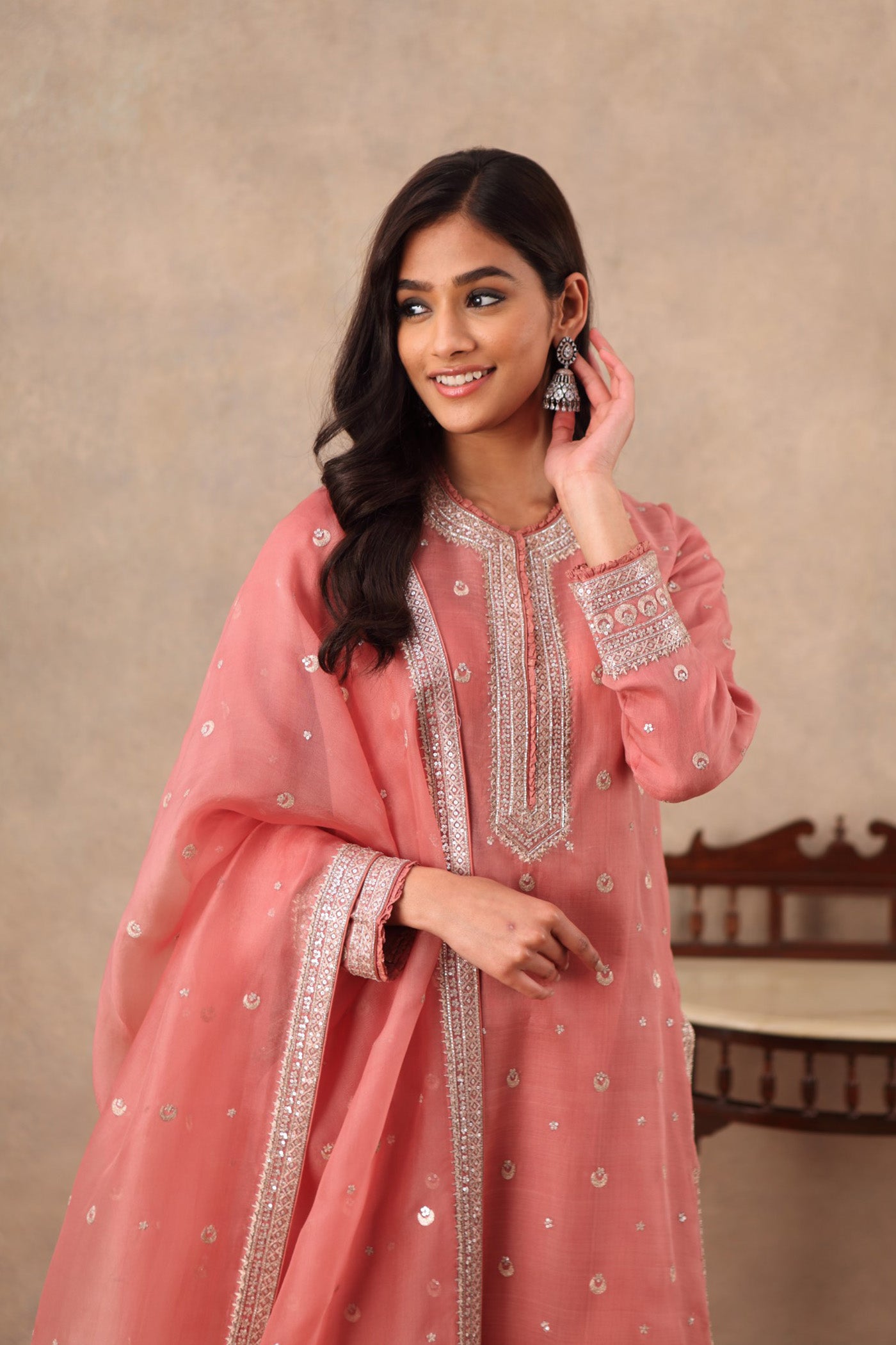 Hand Embroidered Terracotta Pink Pure Katan Silk Kurta Sharara Set