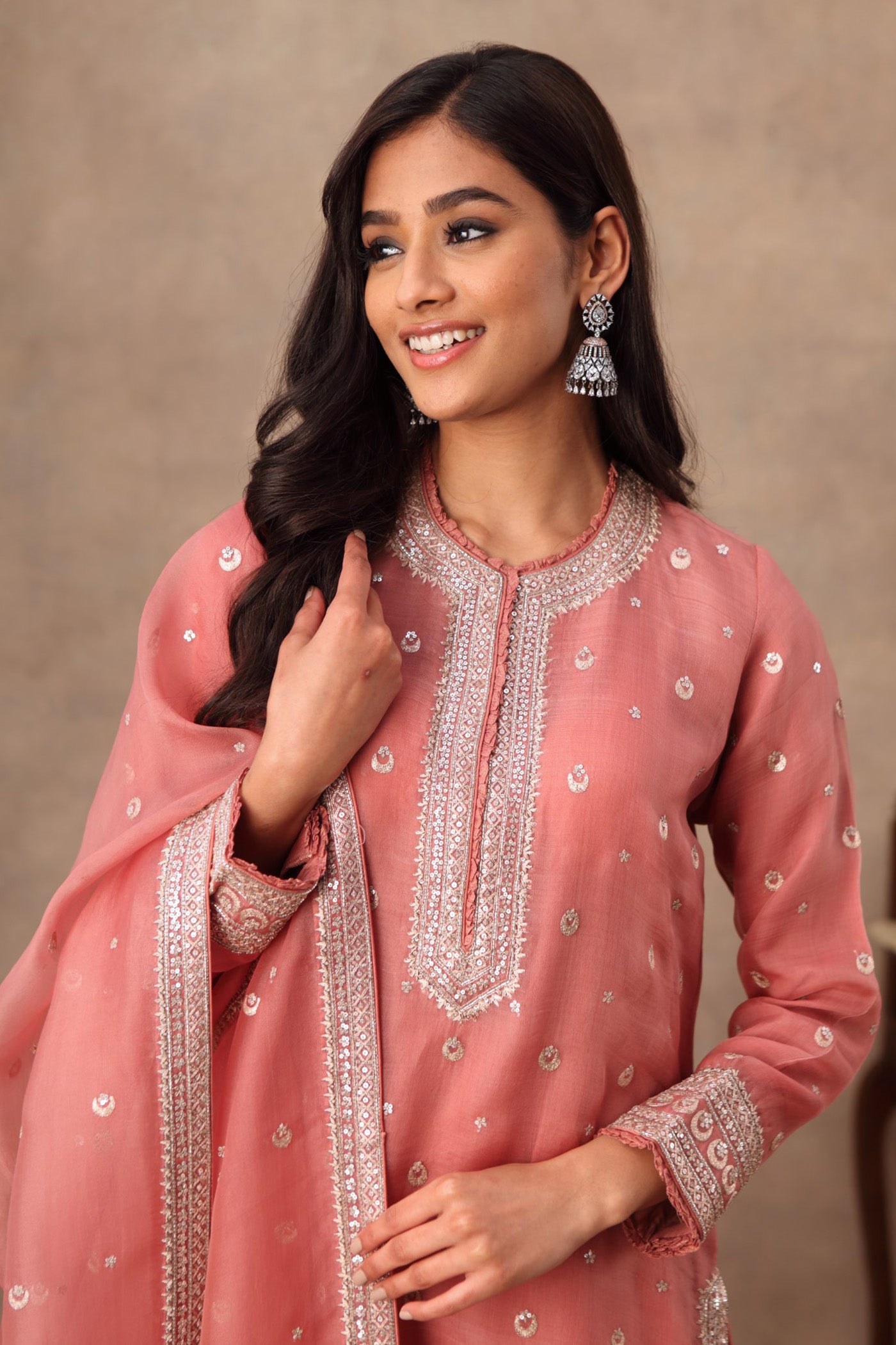 Hand Embroidered Terracotta Pink Pure Katan Silk Kurta Sharara Set