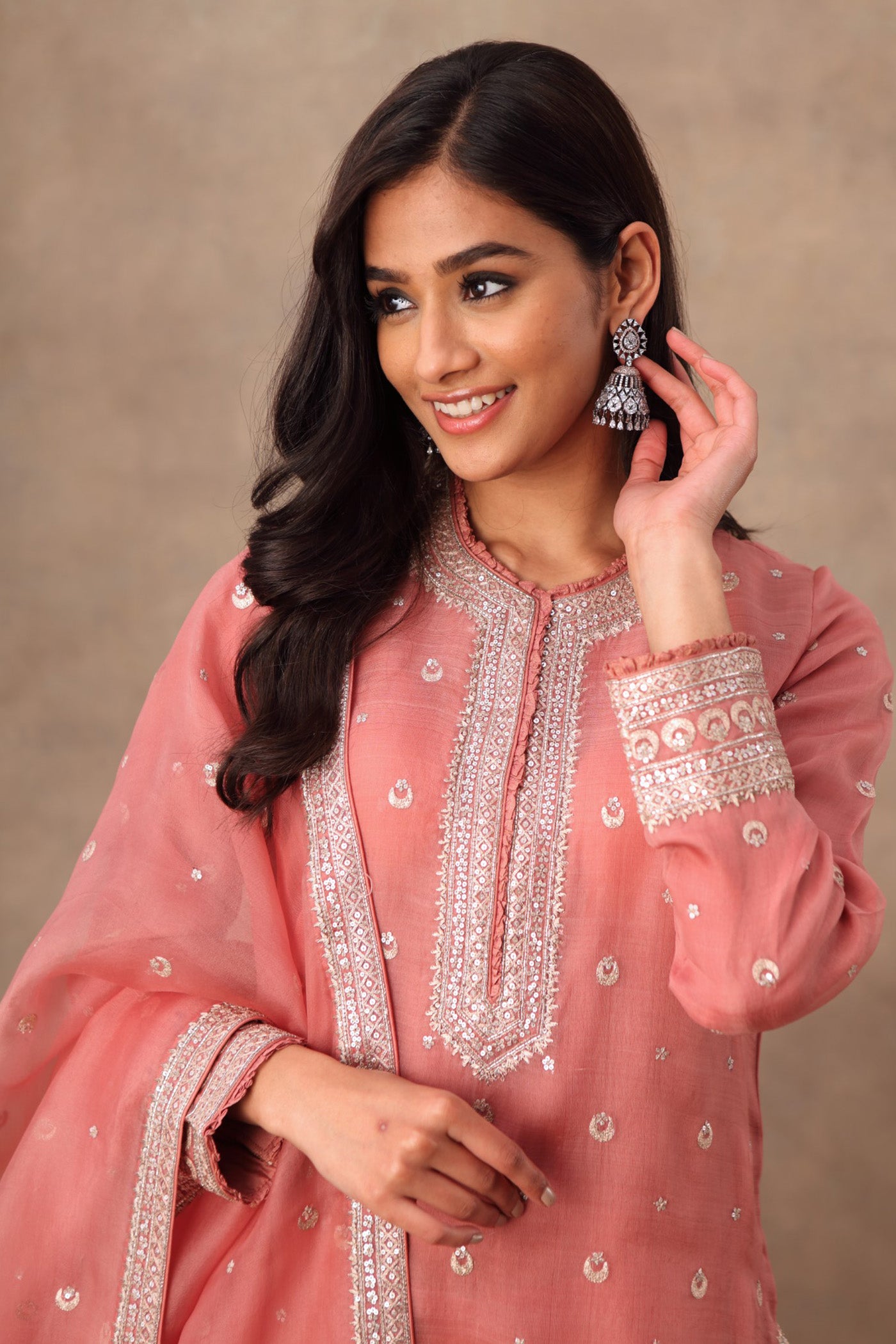 Hand Embroidered Terracotta Pink Pure Katan Silk Kurta Sharara Set