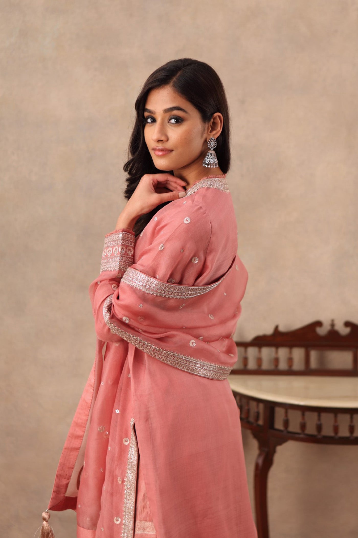 Hand Embroidered Terracotta Pink Pure Katan Silk Kurta Sharara Set