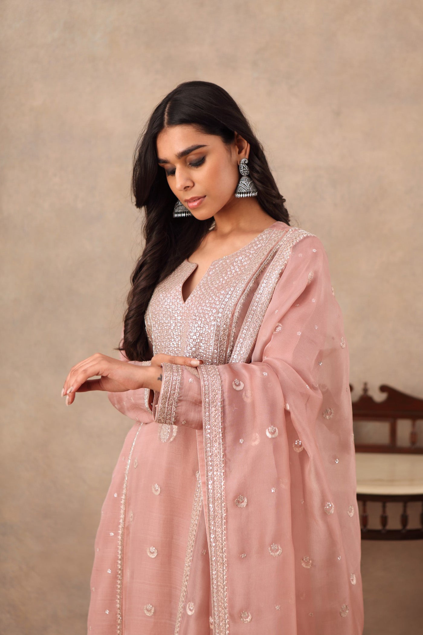 Hand Embroidered Rose Brown Pure Katan Silk Kurta Sharara Set