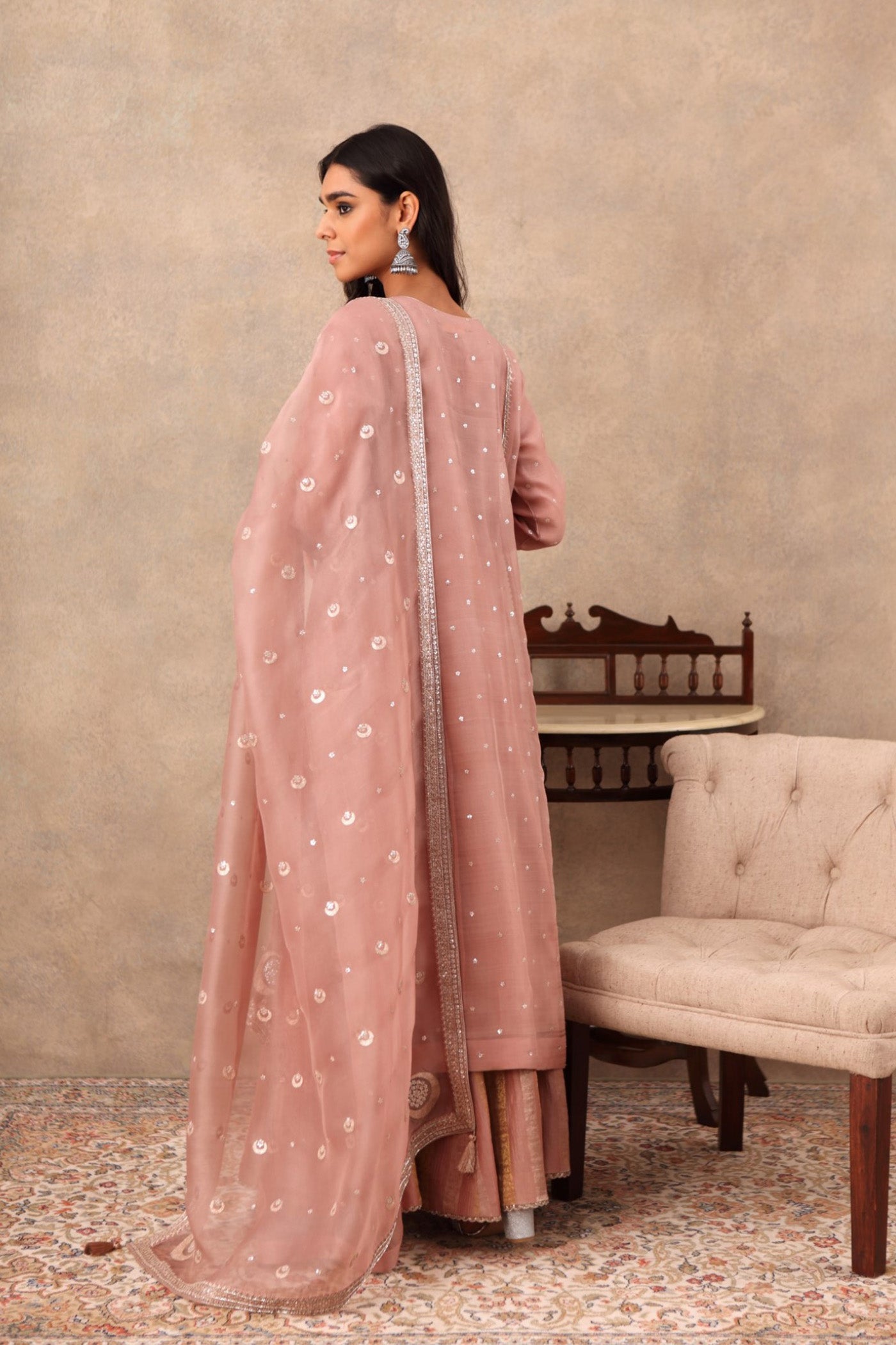 Hand Embroidered Rose Brown Pure Katan Silk Kurta Sharara Set