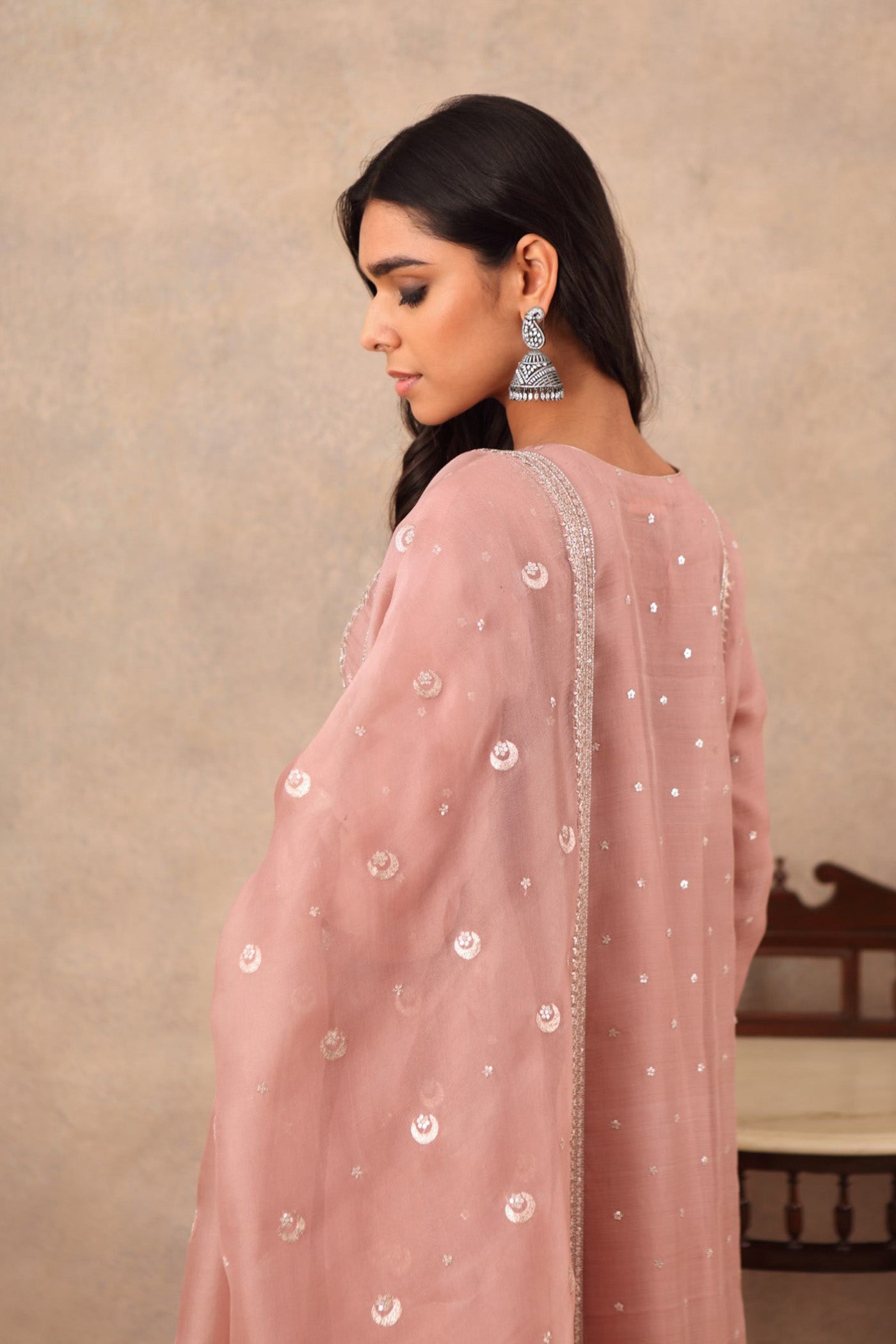 Hand Embroidered Rose Brown Pure Katan Silk Kurta Sharara Set