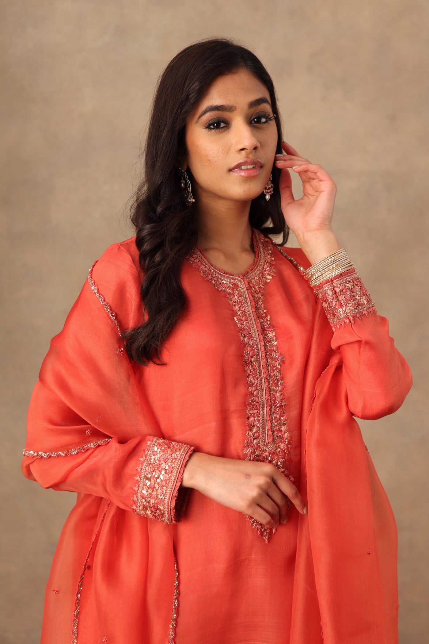 Hand Embroidered Ember Glow (Dusty Peach) Pure Katan Silk Kurta Churidaar Set