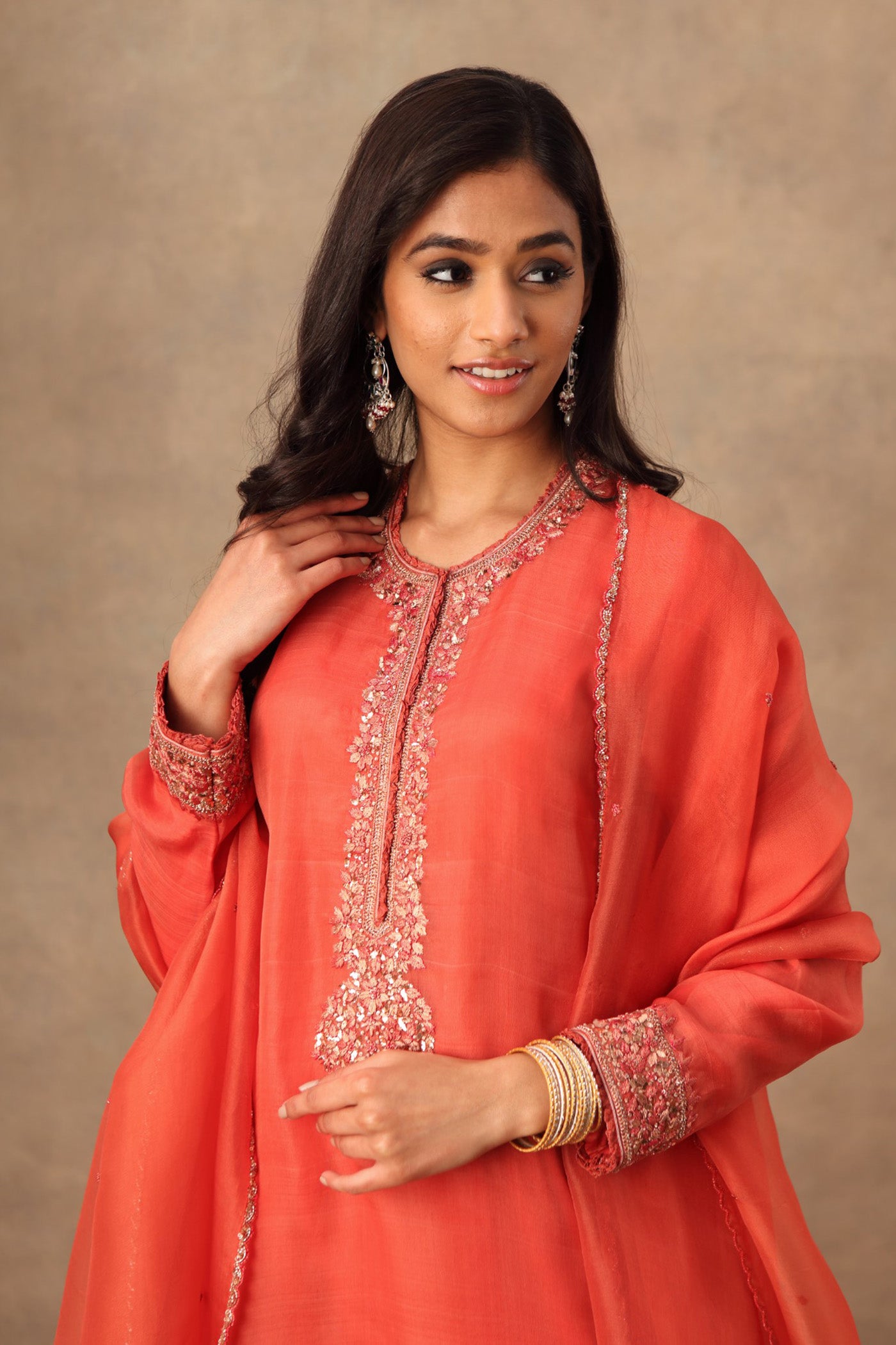 Hand Embroidered Ember Glow (Dusty Peach) Pure Katan Silk Kurta Churidaar Set