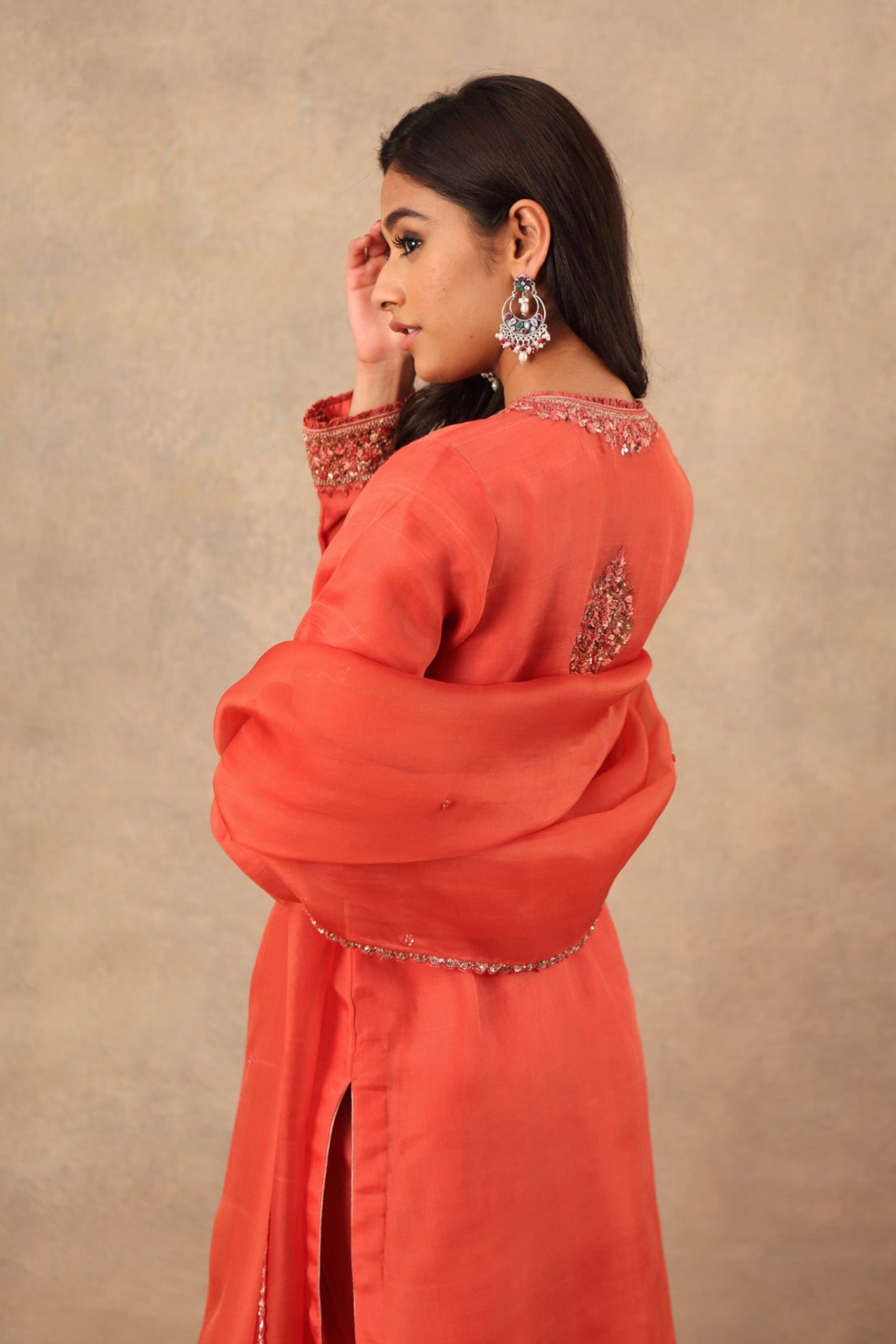 Hand Embroidered Ember Glow (Dusty Peach) Pure Katan Silk Kurta Churidaar Set