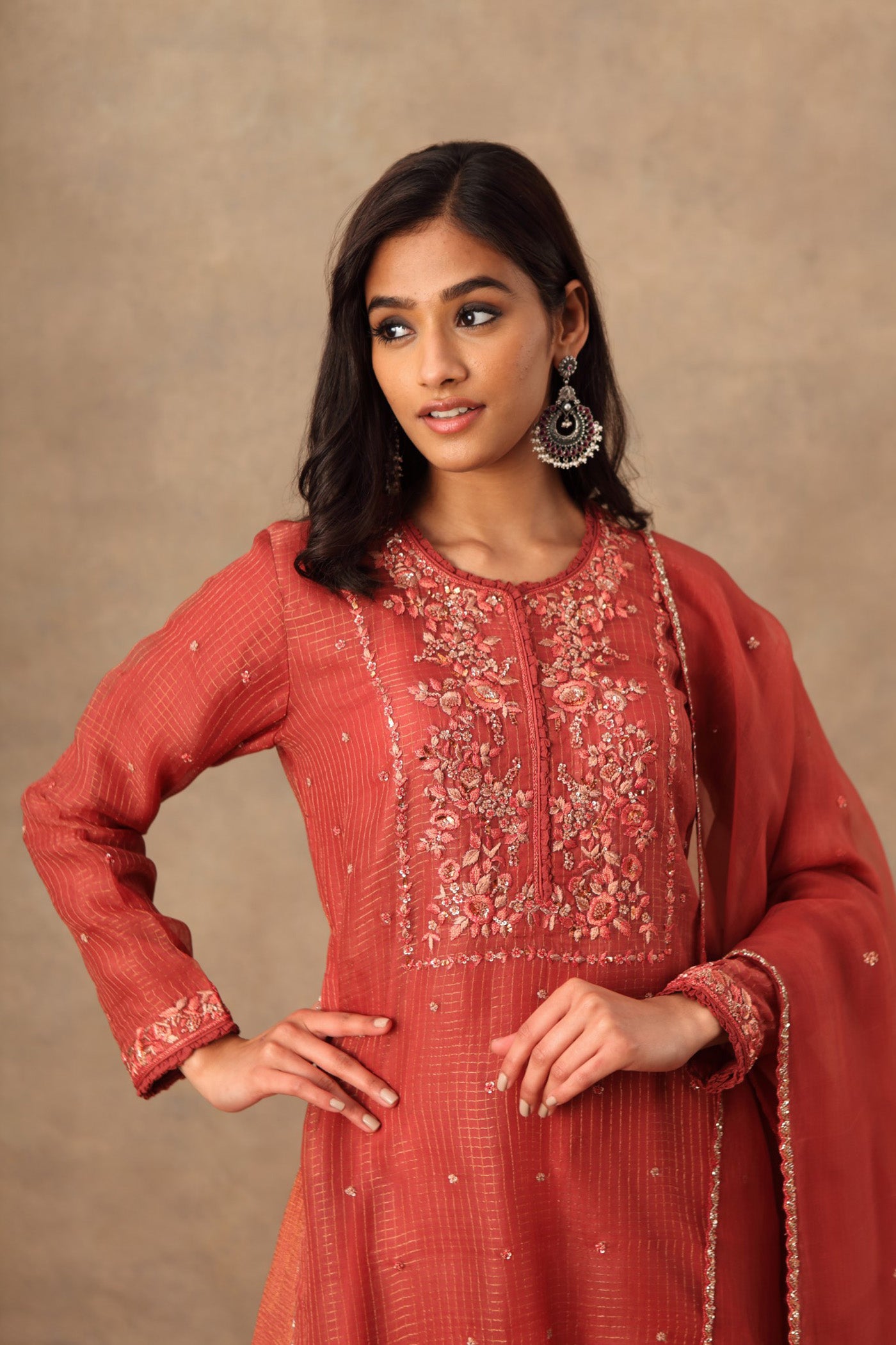 Hand Embroidered Cinnabar Red Pure Katan Silk Kurta Palazzo Set