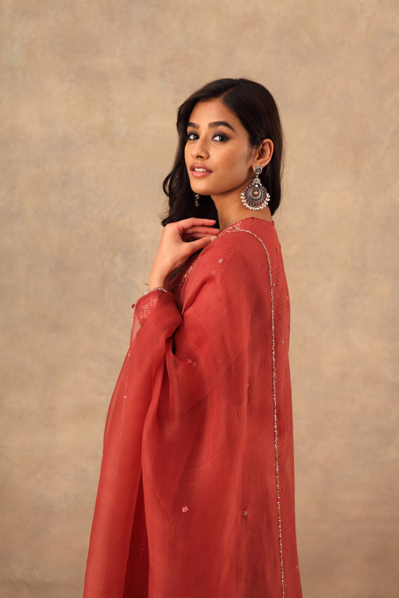 Hand Embroidered Cinnabar Red Pure Katan Silk Kurta Palazzo Set