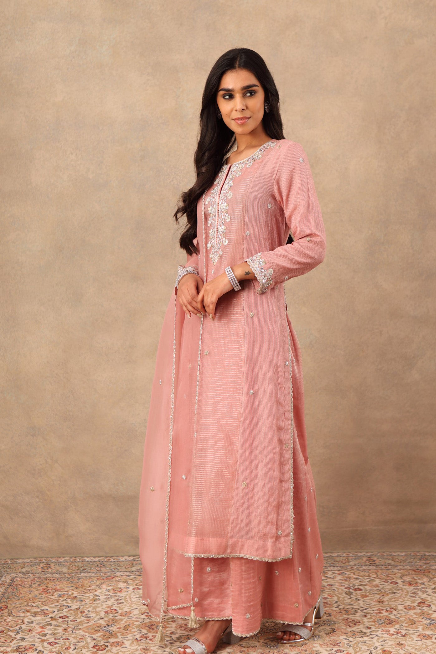 Hand Embroidered Dusty Pink Pure Katan Silk Kurta Palazzo Set