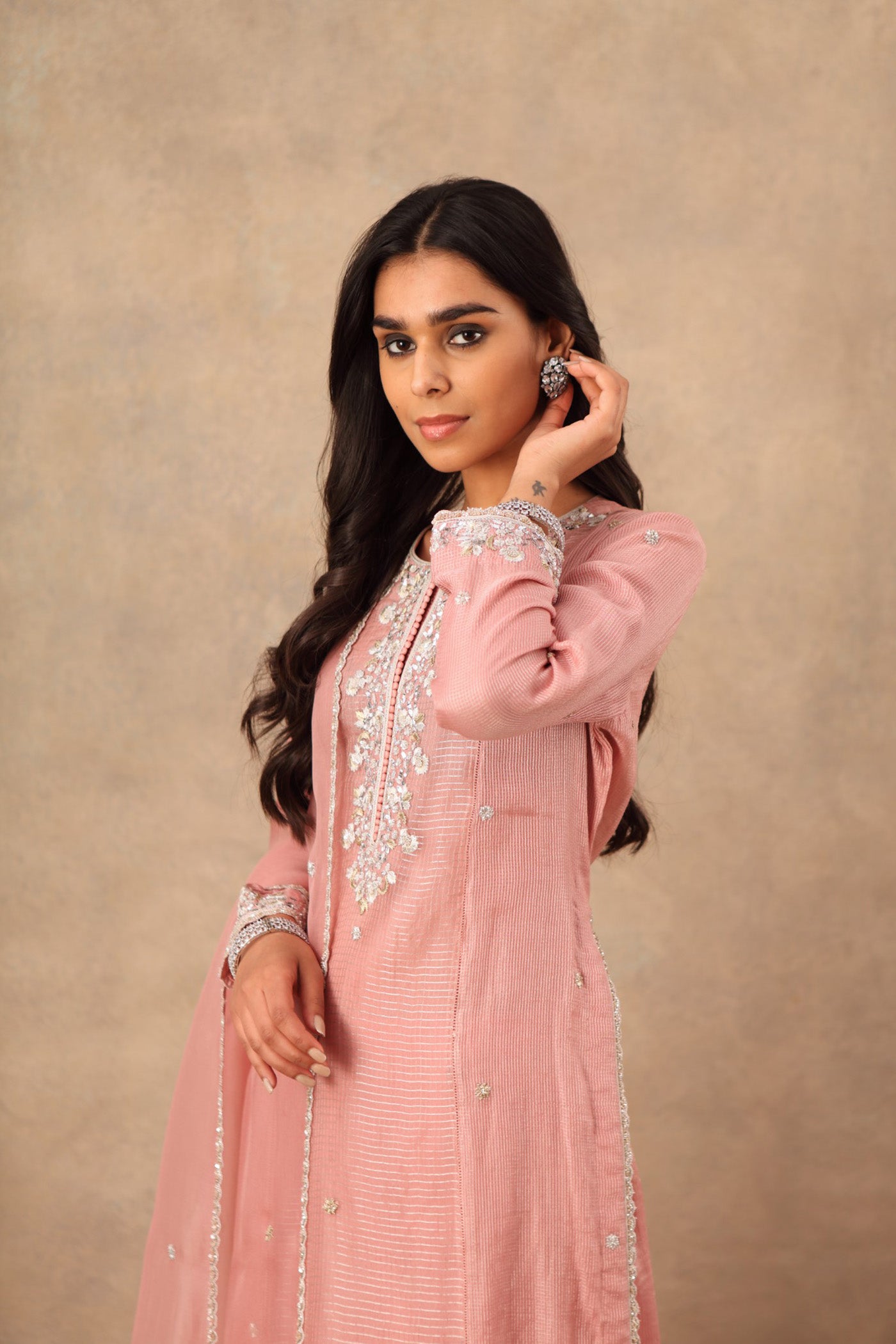 Hand Embroidered Dusty Pink Pure Katan Silk Kurta Palazzo Set