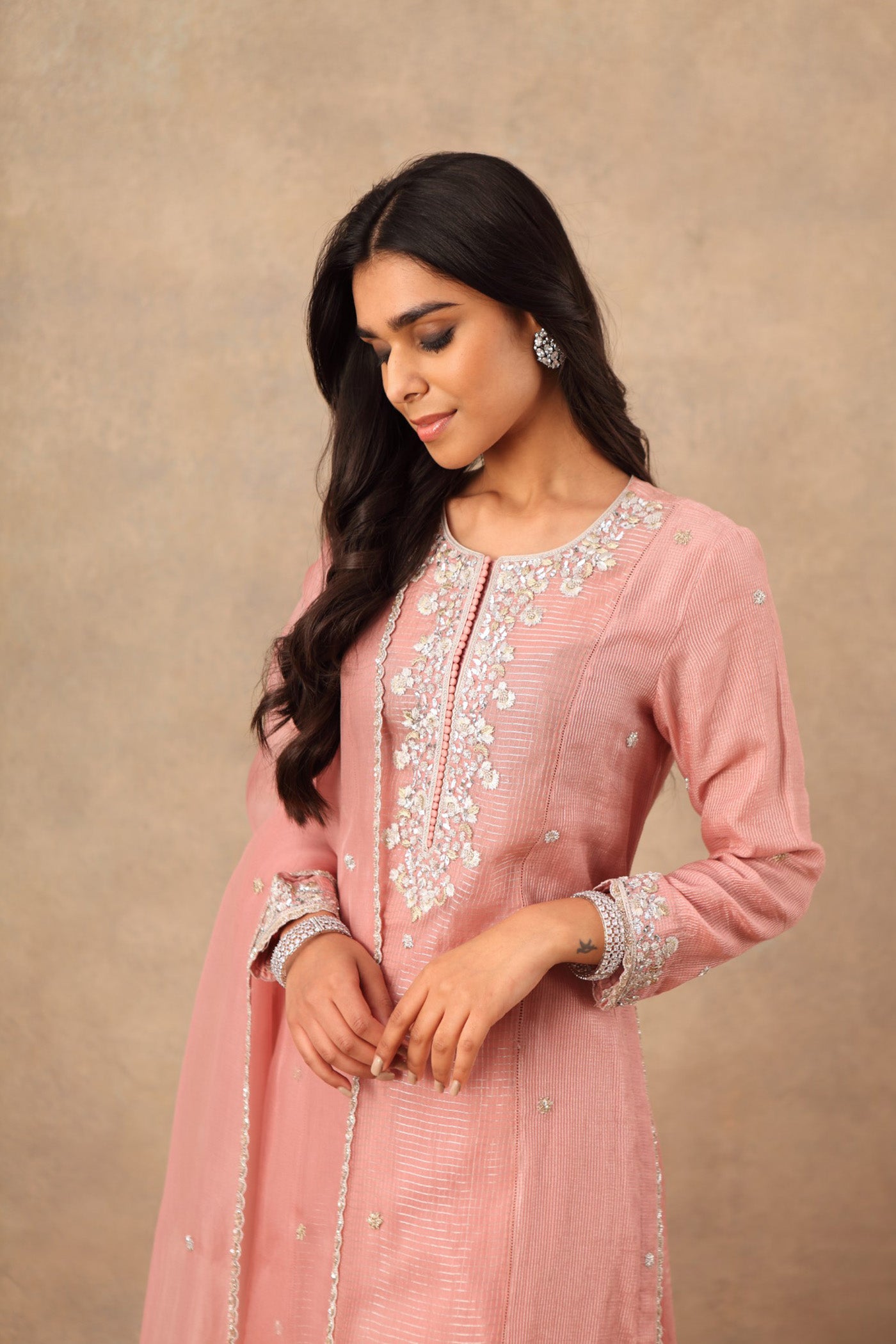 Hand Embroidered Dusty Pink Pure Katan Silk Kurta Palazzo Set