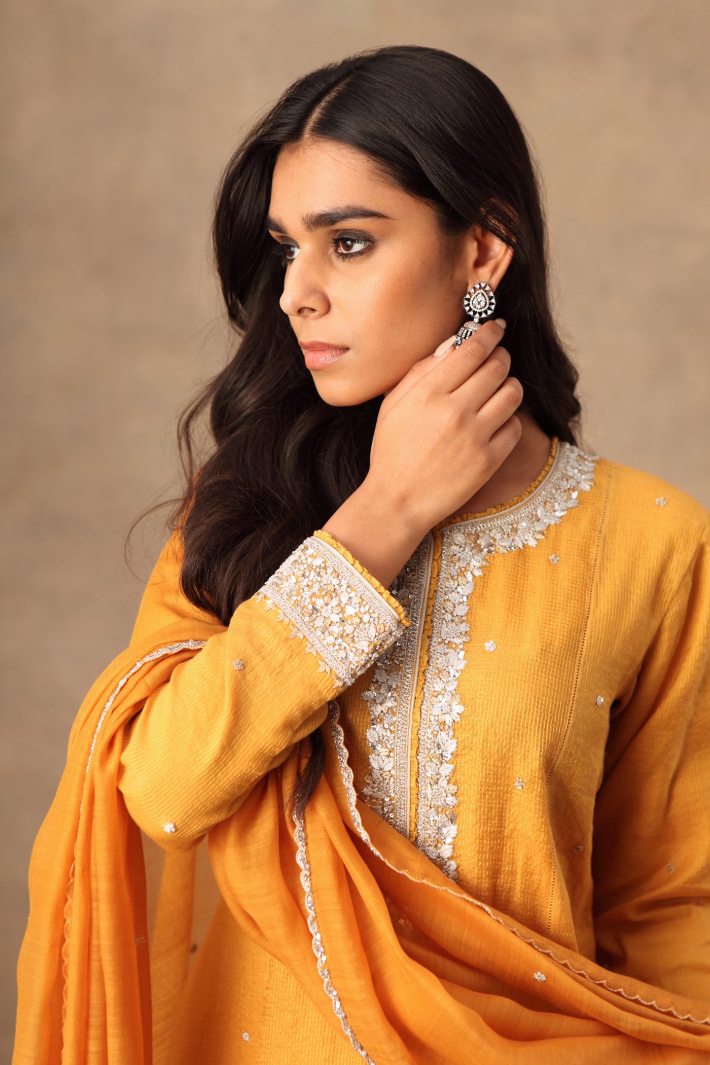 Hand Embroidered Turmeric Yellow Pure Cotton Silk Kurta Sharara Set