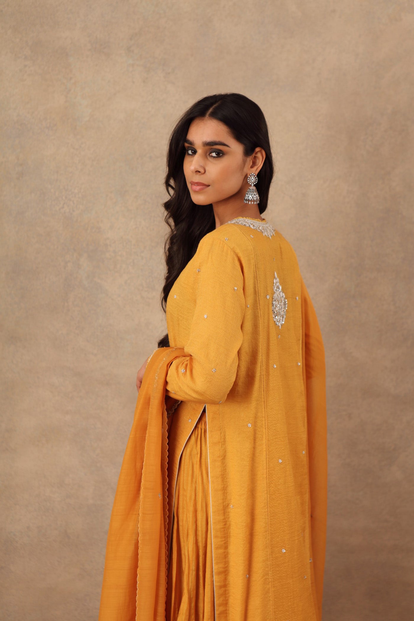 Hand Embroidered Turmeric Yellow Pure Cotton Silk Kurta Sharara Set