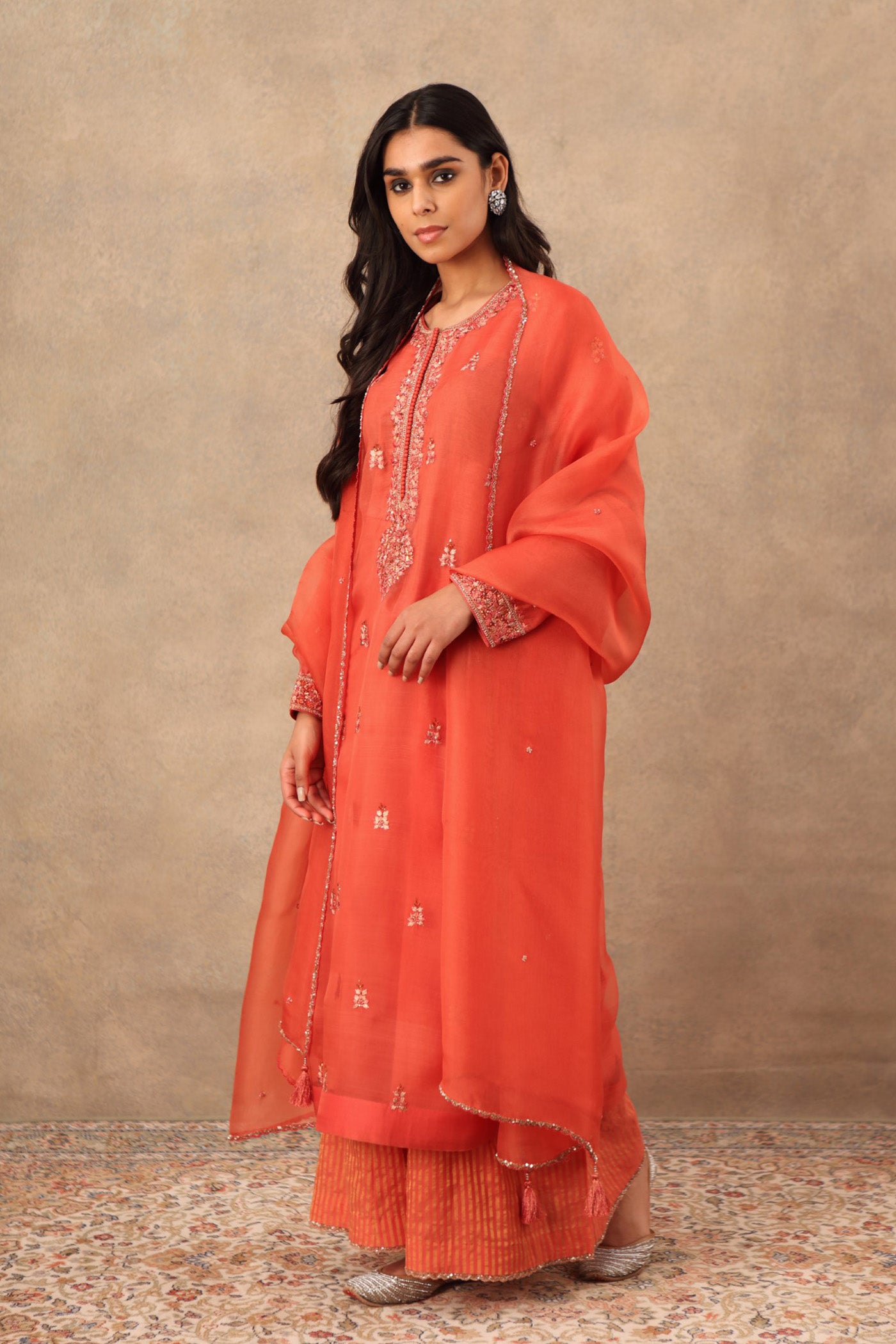 Hand Embroidered Rust Orange Pure Katan Silk Kurta Palazzo Set