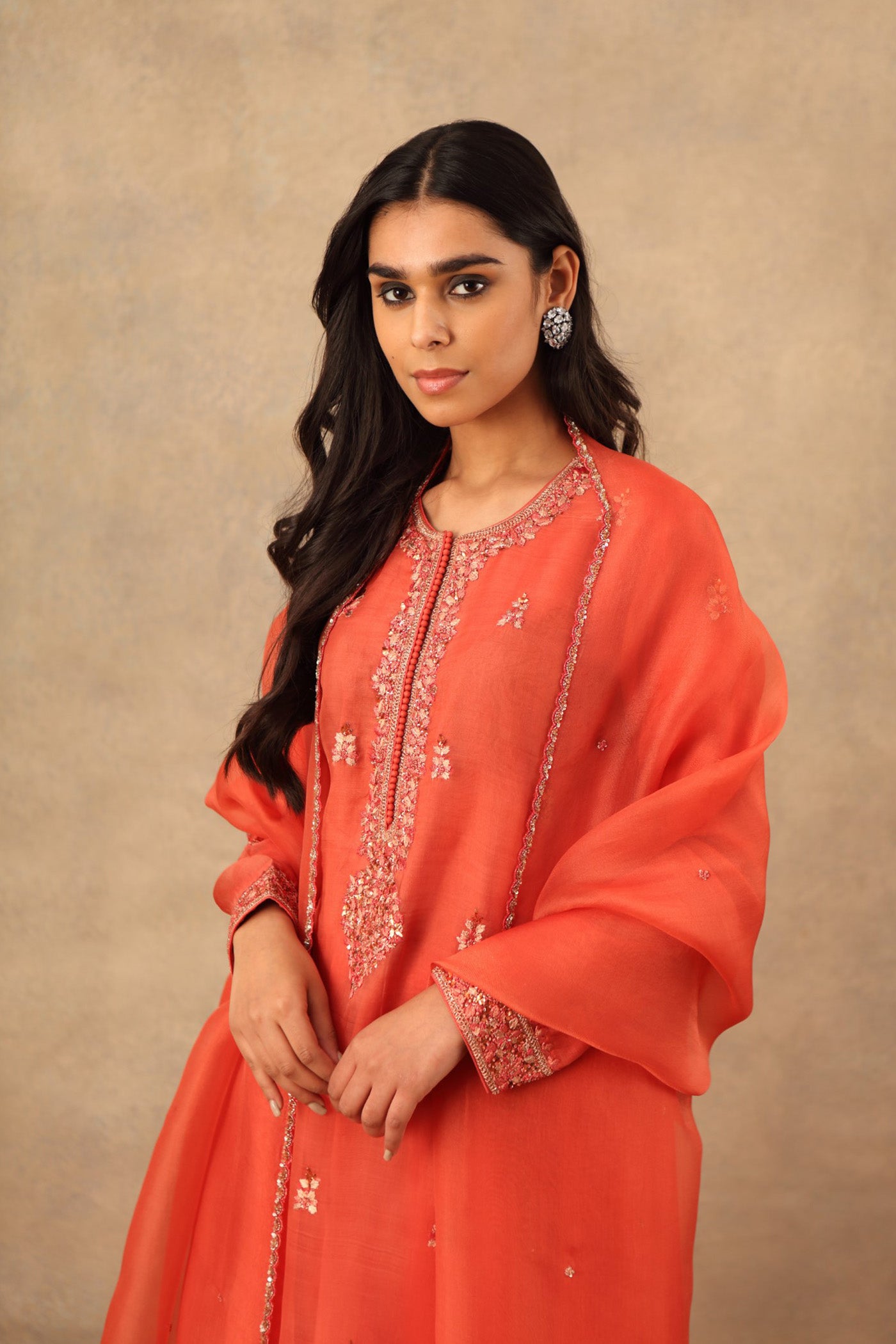 Hand Embroidered Rust Orange Pure Katan Silk Kurta Palazzo Set