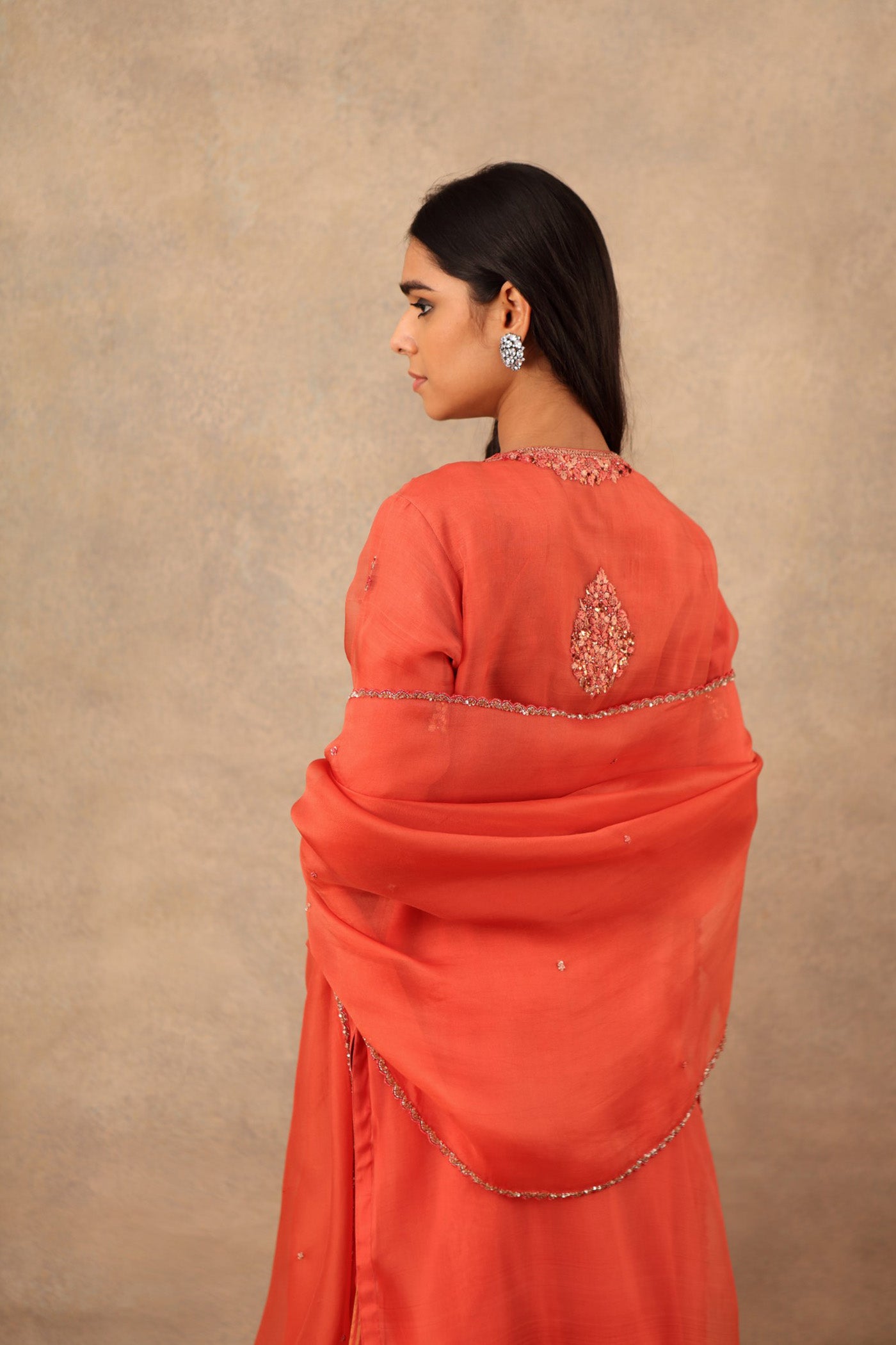 Hand Embroidered Rust Orange Pure Katan Silk Kurta Palazzo Set