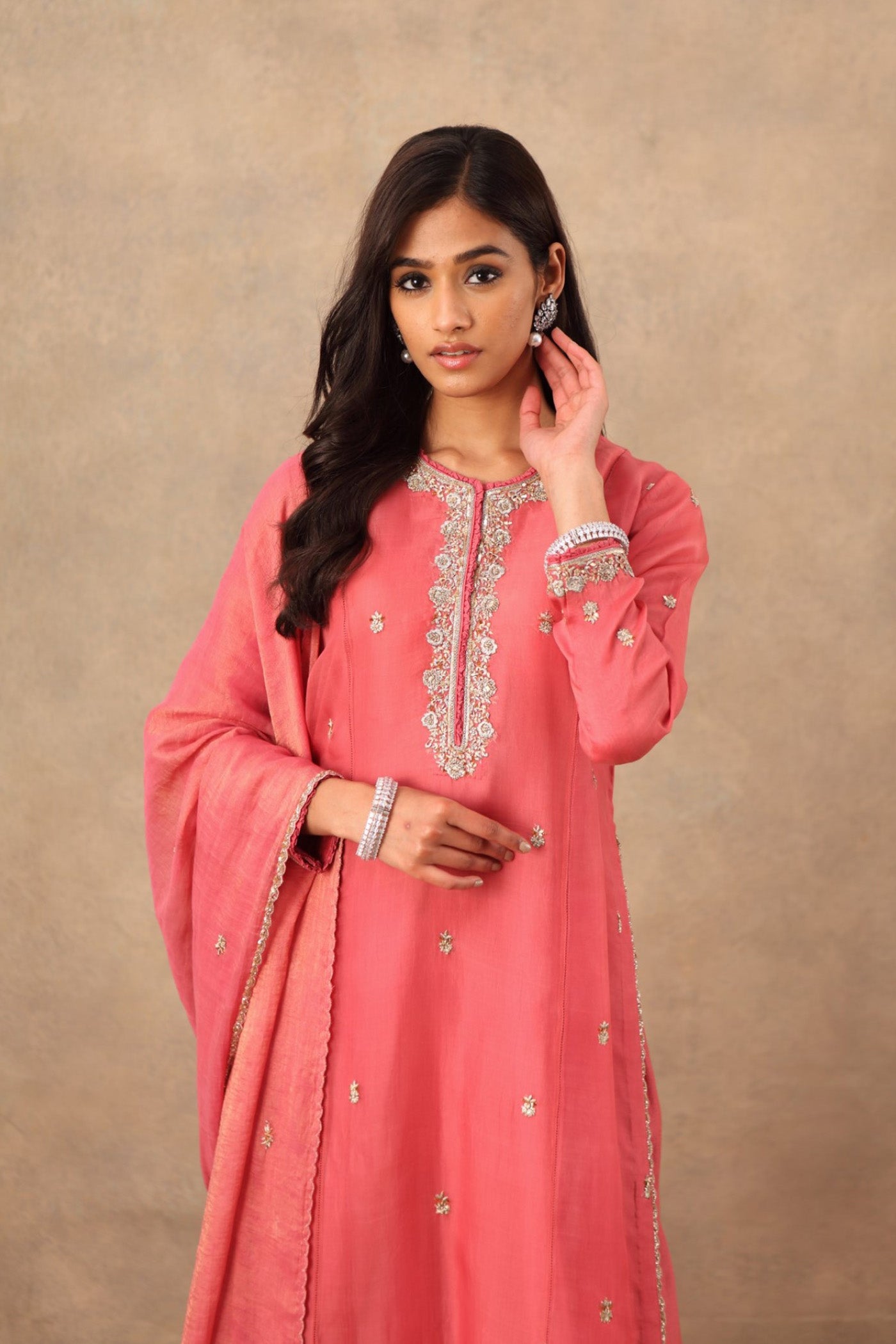 Hand Embroidered Tea Rose Pure Katan Silk Kurta Palazzo Set