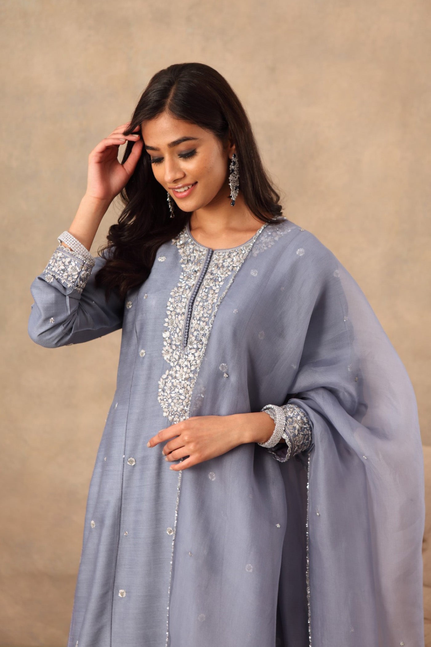 Hand Embroidered Tempest Blue Pure Muga Silk Kurta Palazzo Set