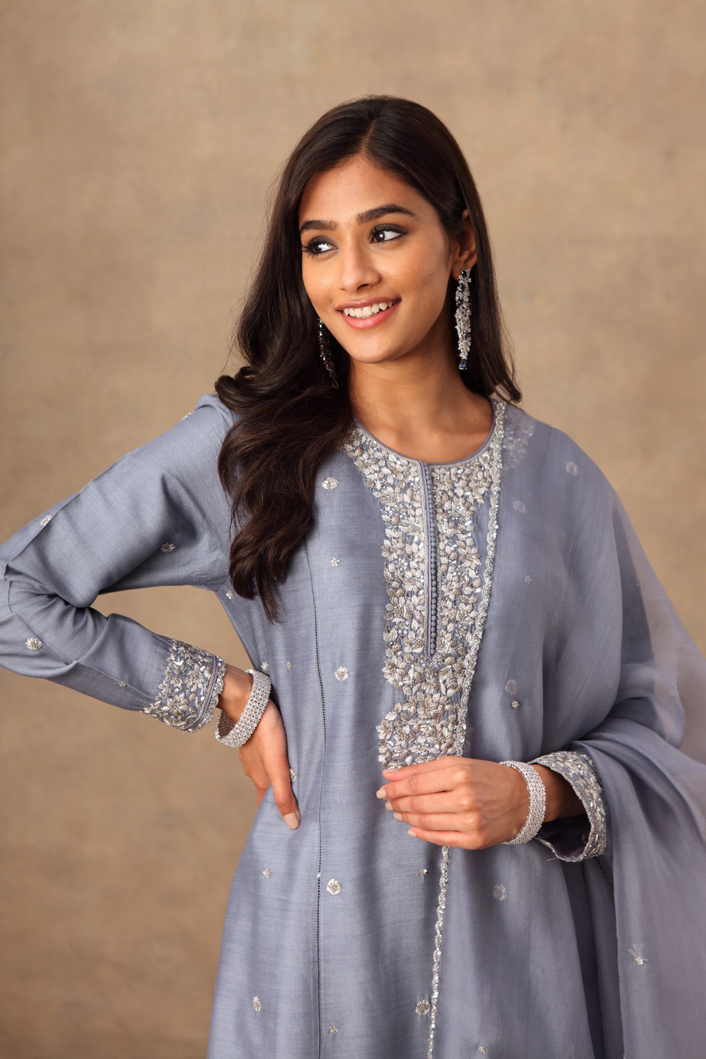 Hand Embroidered Tempest Blue Pure Muga Silk Kurta Palazzo Set