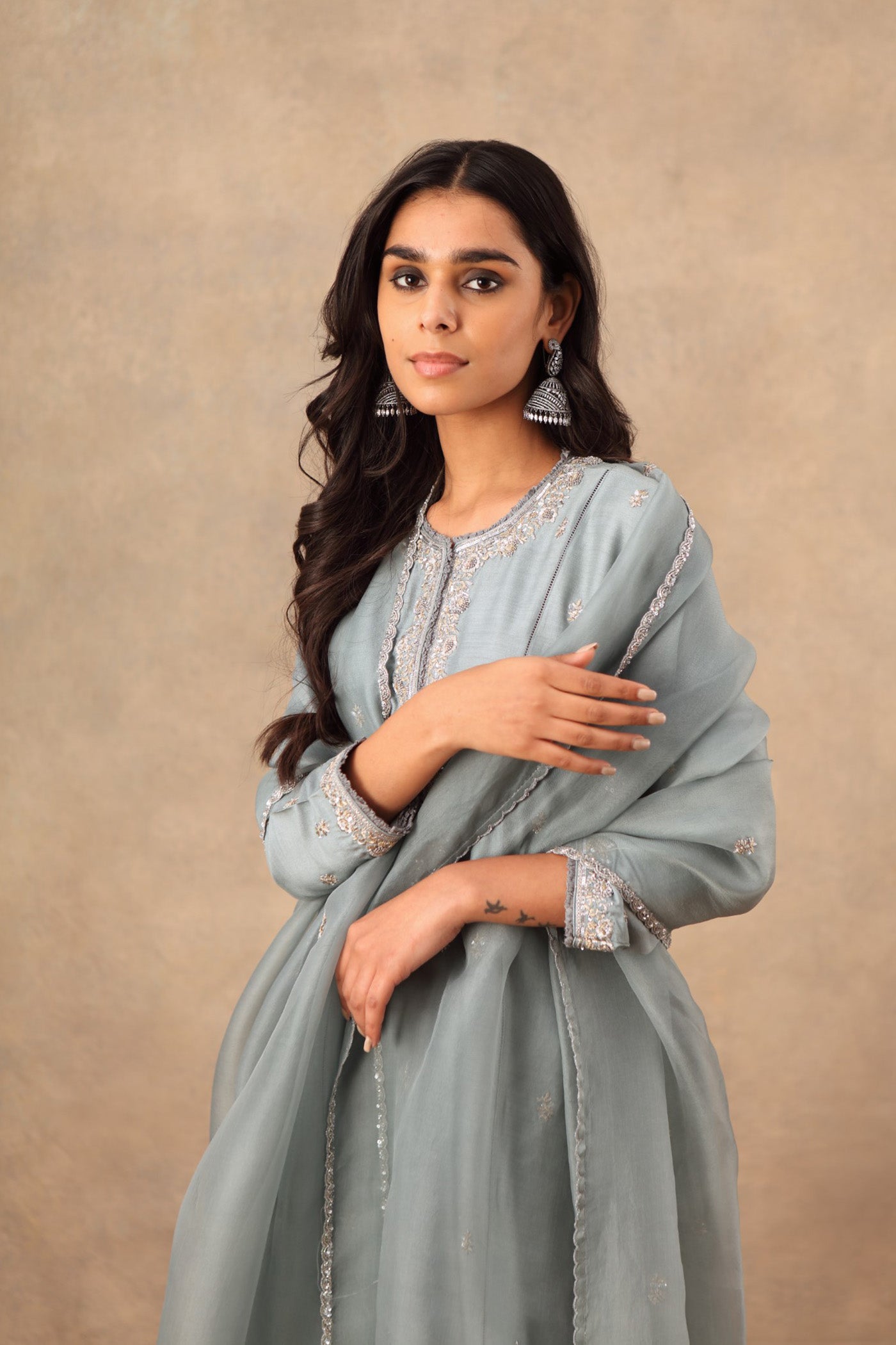 Hand Embroidered Dusty Blue Pure Muga Silk Kurta Palazzo Set