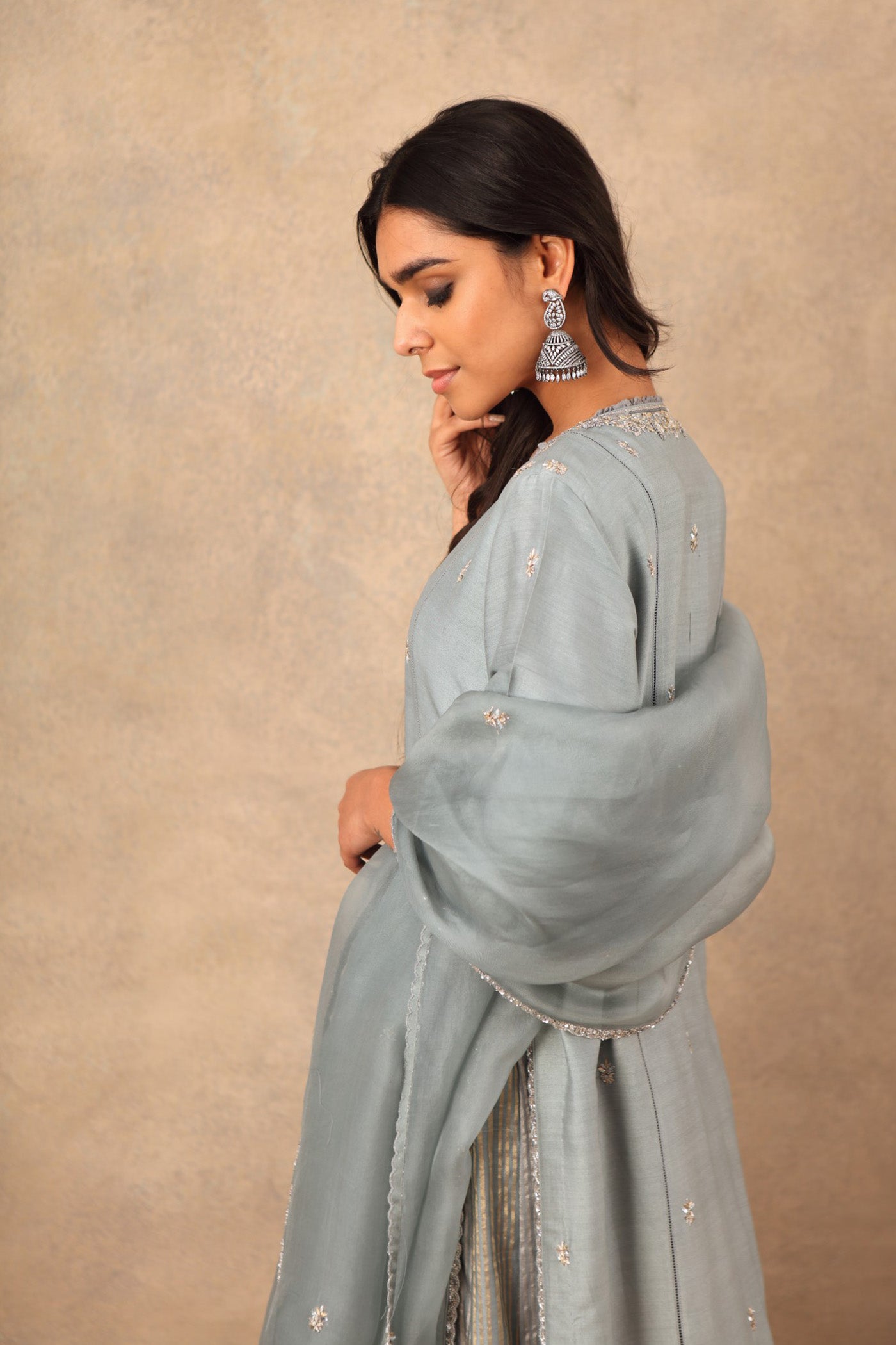 Hand Embroidered Dusty Blue Pure Muga Silk Kurta Palazzo Set