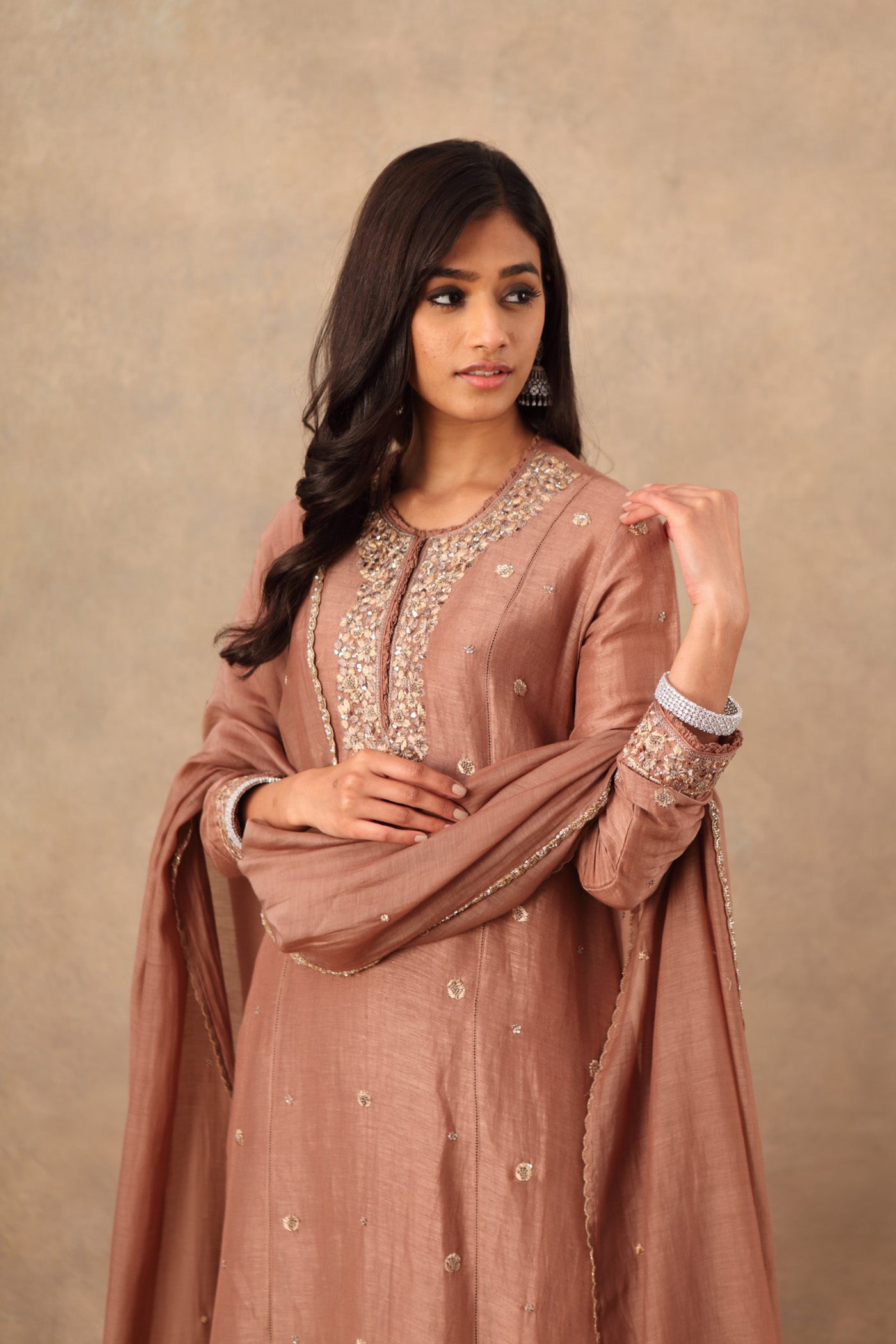 Hand Embroidered Dusty Brown Pure Linen Silk Kurta Pants Set