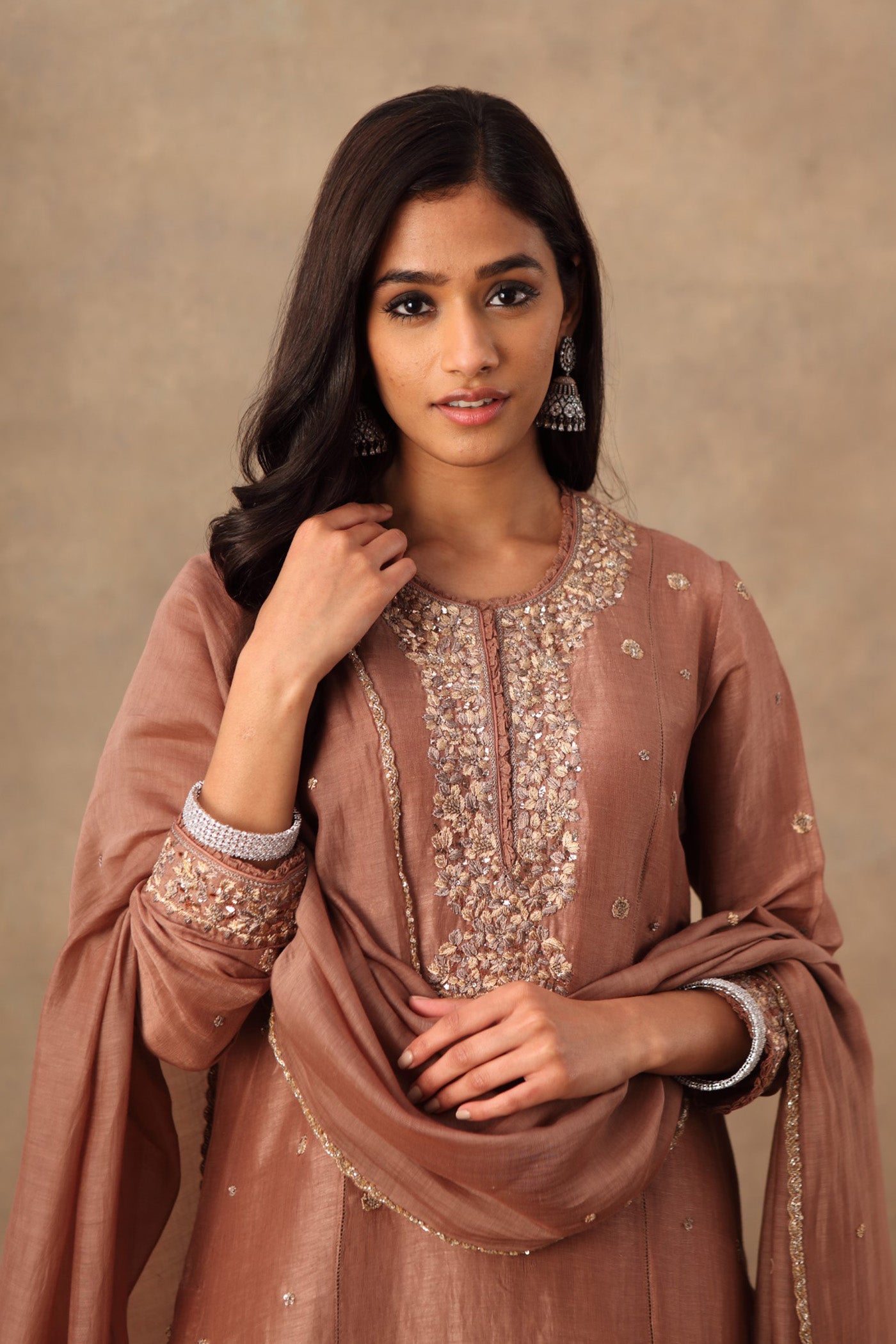 Hand Embroidered Dusty Brown Pure Linen Silk Kurta Pants Set