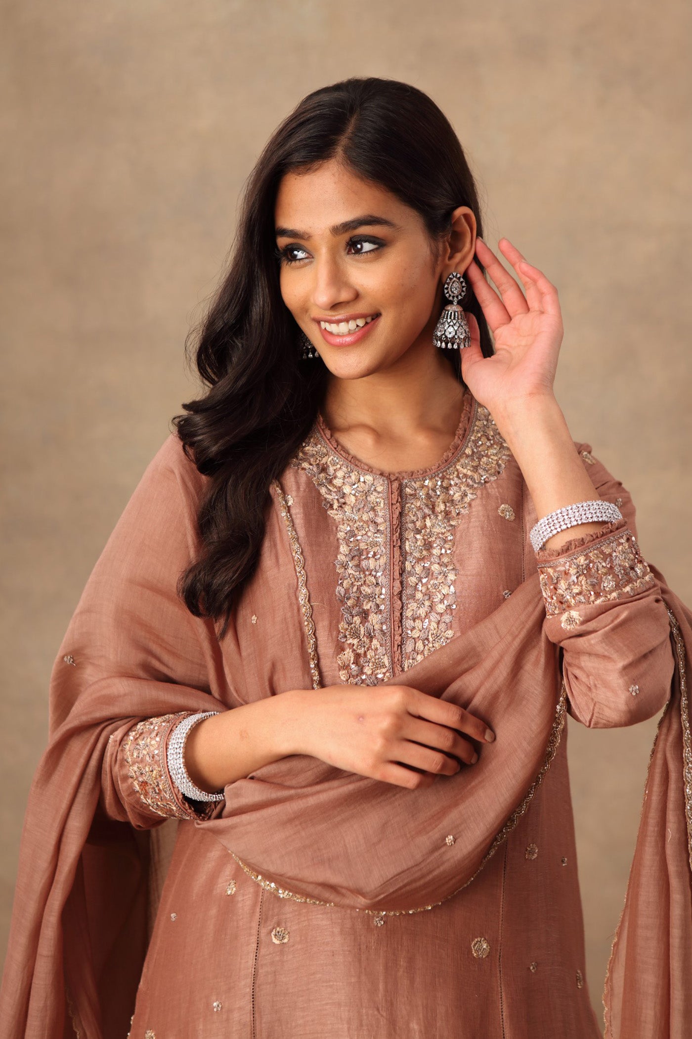 Hand Embroidered Dusty Brown Pure Linen Silk Kurta Pants Set