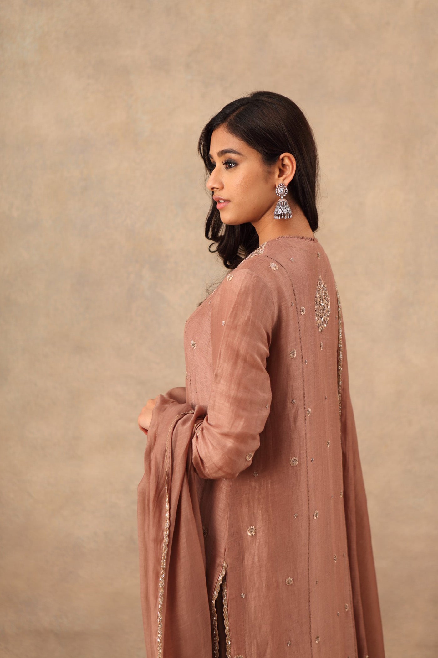 Hand Embroidered Dusty Brown Pure Linen Silk Kurta Pants Set