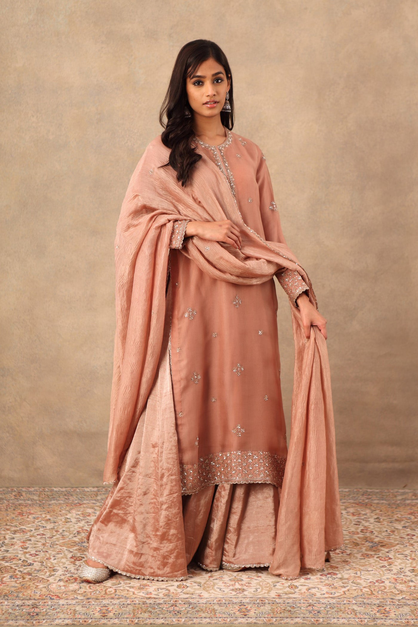 Hand Embroidered Rose Brown Pure Silk Organza Kurta Sharara Set