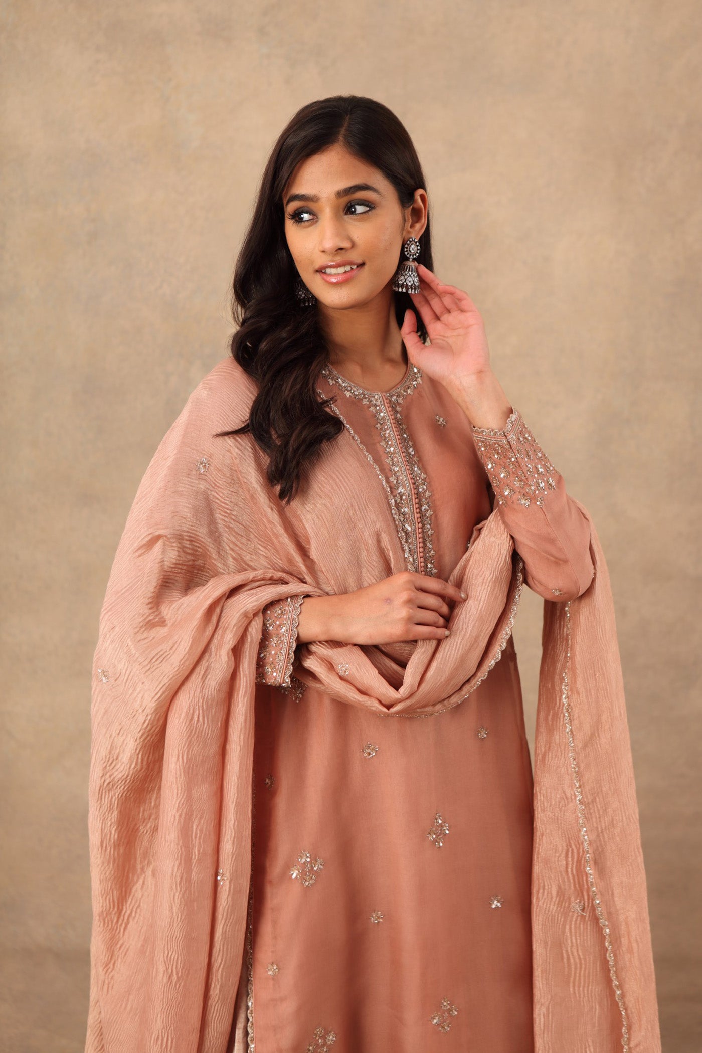 Hand Embroidered Rose Brown Pure Silk Organza Kurta Sharara Set