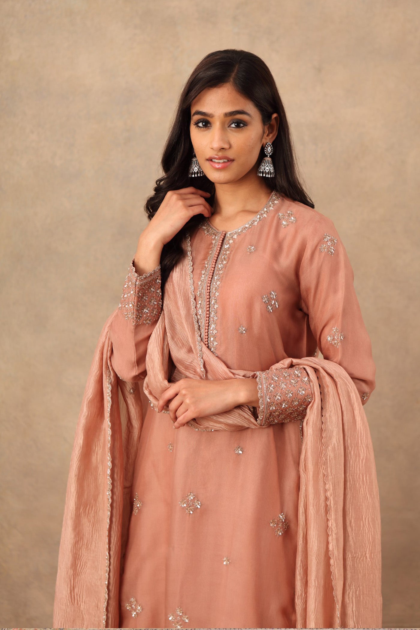 Hand Embroidered Rose Brown Pure Silk Organza Kurta Sharara Set