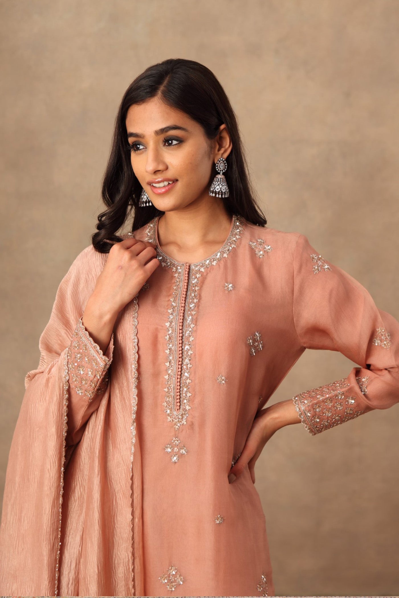 Hand Embroidered Rose Brown Pure Silk Organza Kurta Sharara Set